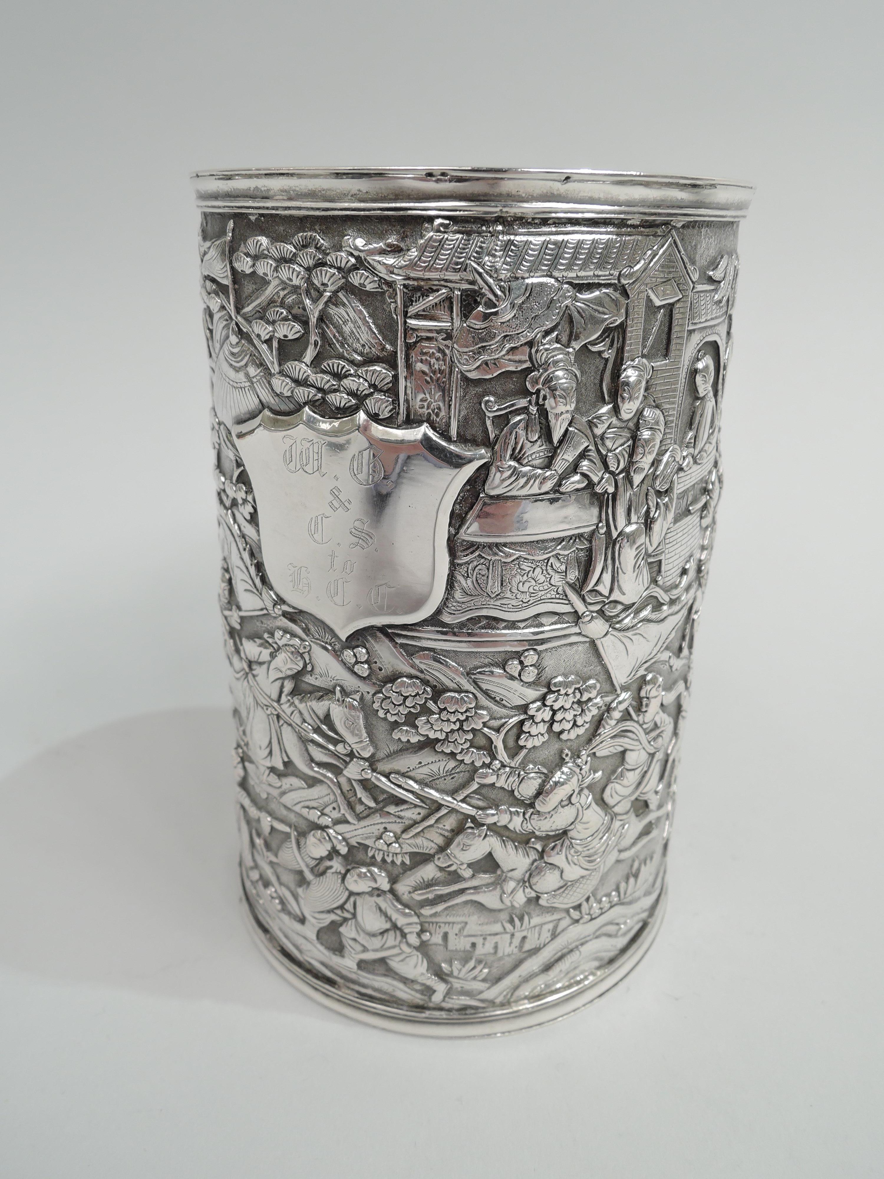 Chinese Export Large Chinese Silver Dragon-Handled Mug with Battle Scene