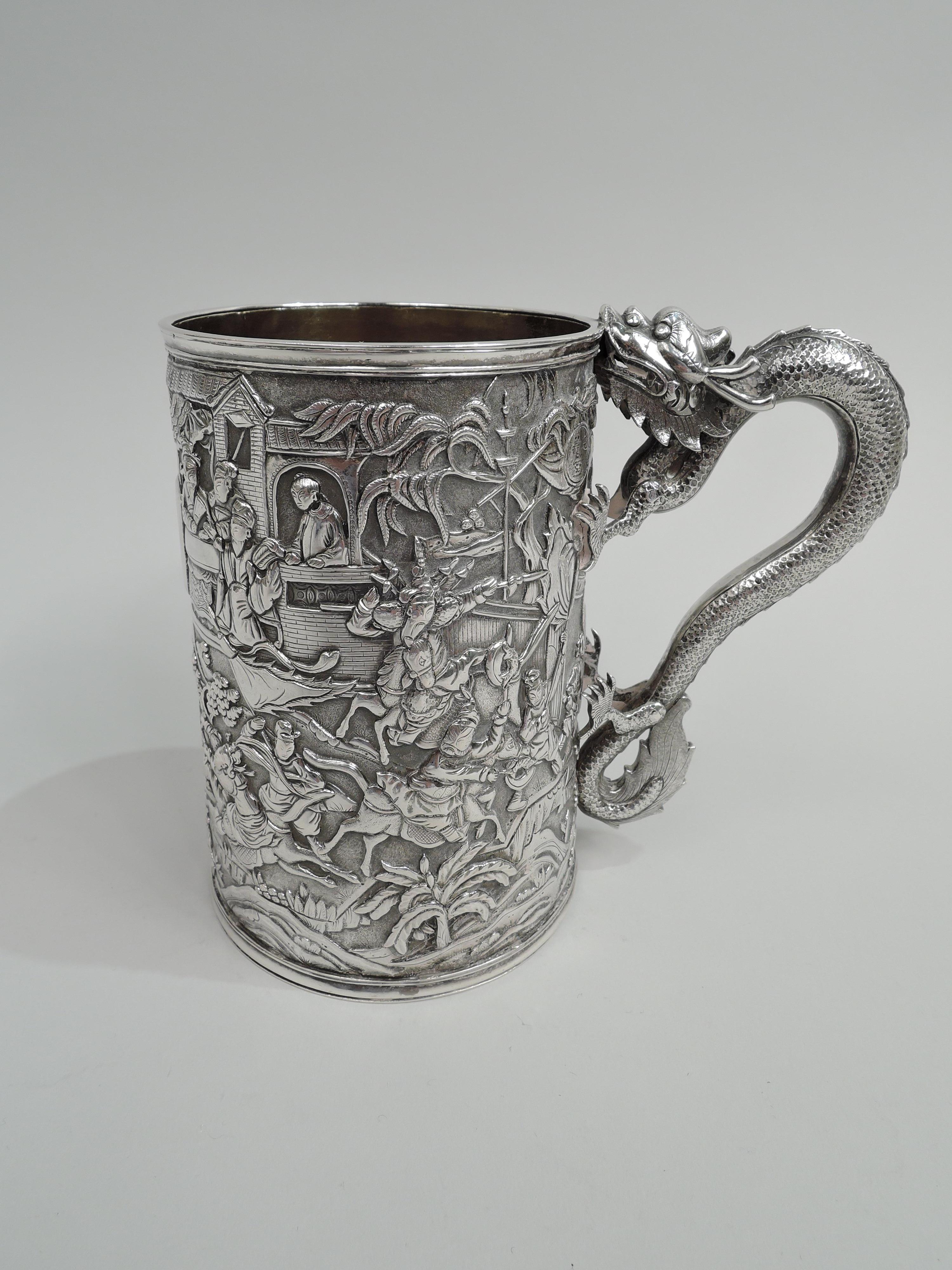 Large Chinese Silver Dragon-Handled Mug with Battle Scene In Good Condition In New York, NY