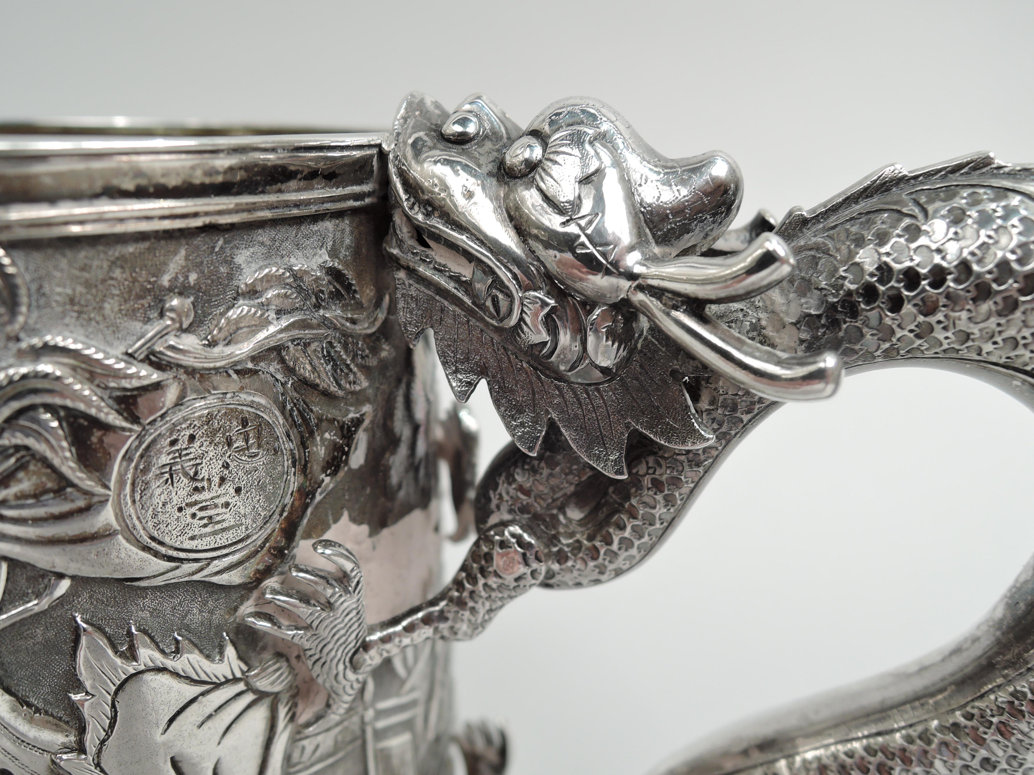 Large Chinese Silver Dragon-Handled Mug with Battle Scene 1