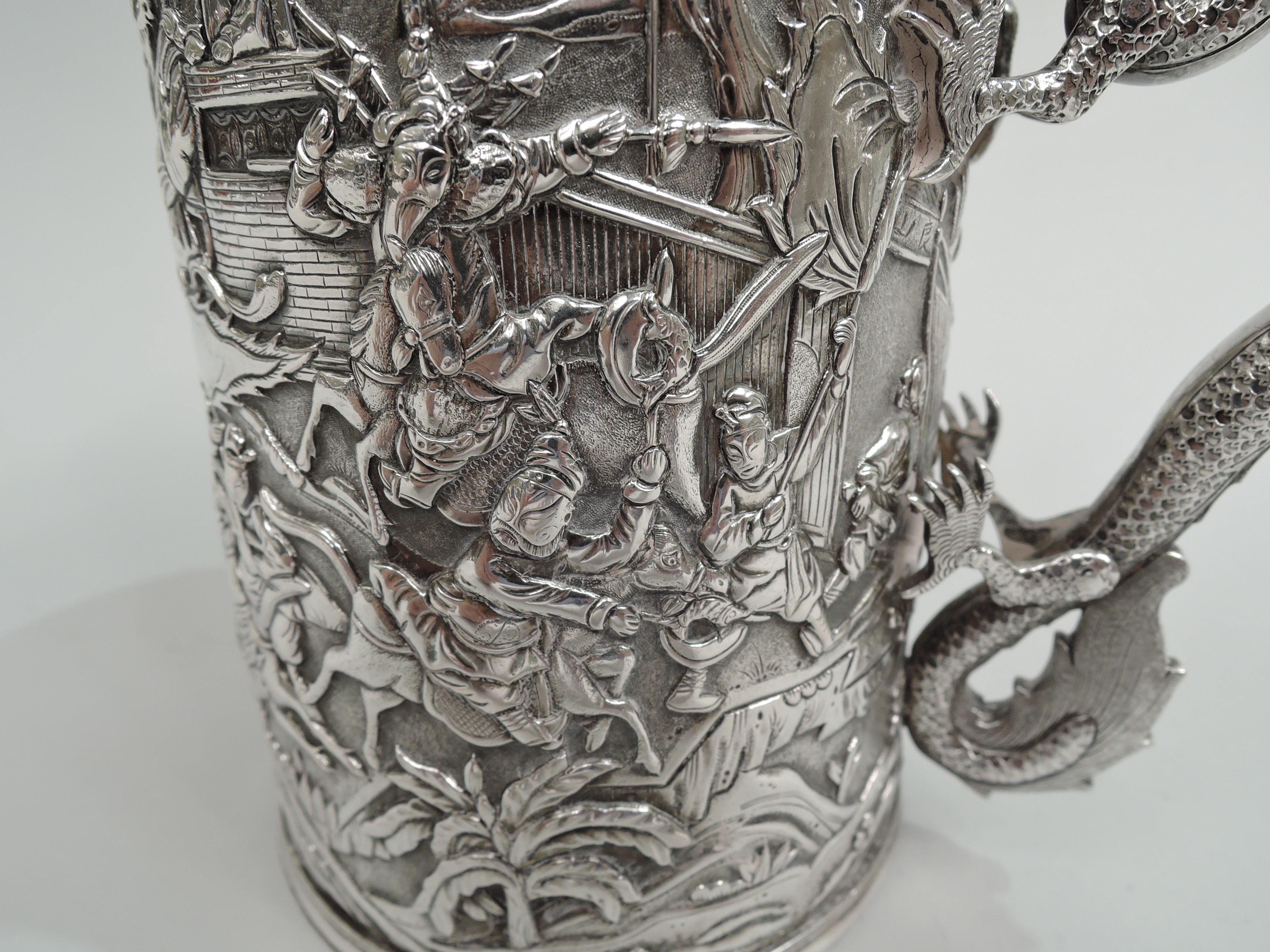 Large Chinese Silver Dragon-Handled Mug with Battle Scene 2