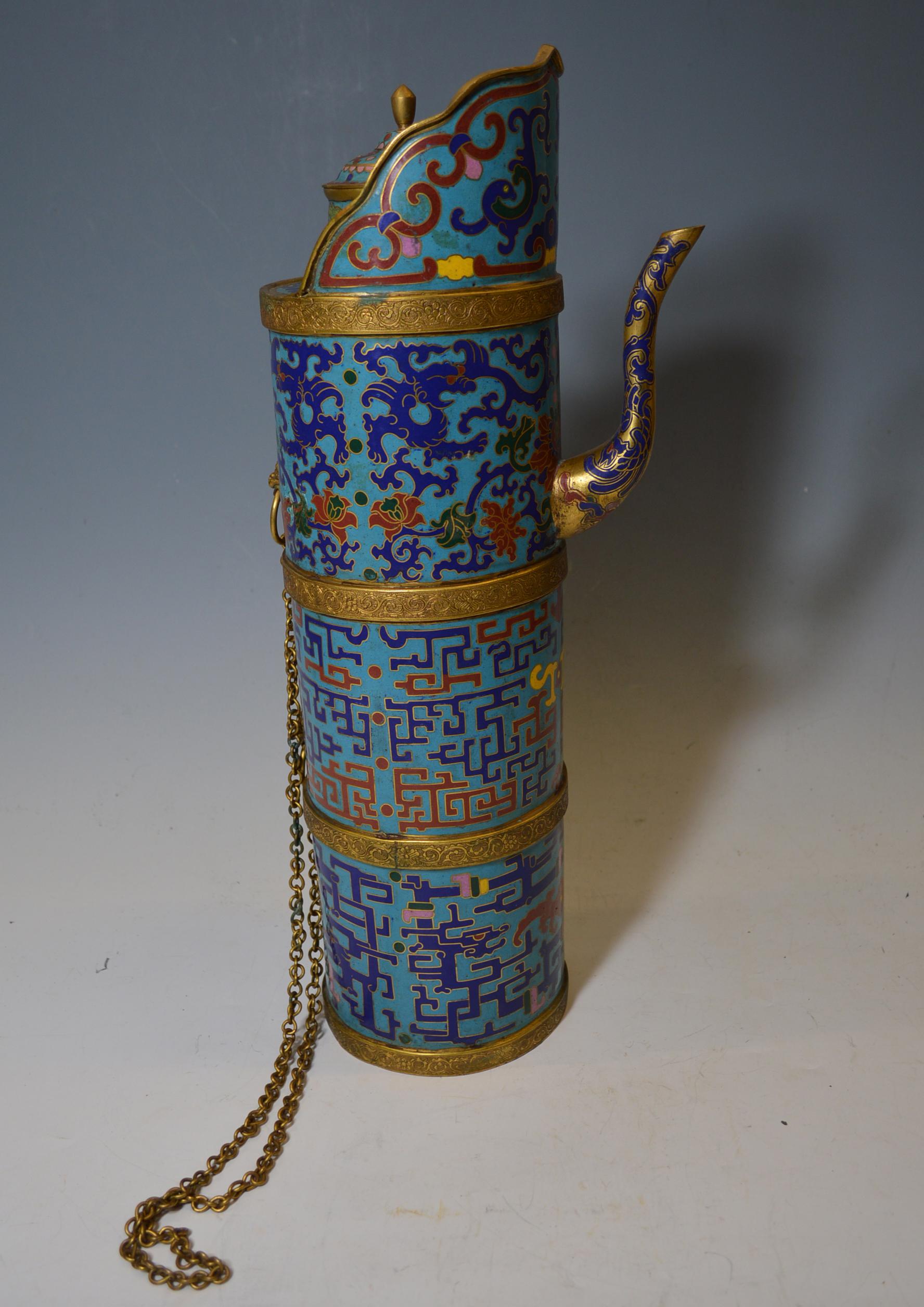 Cloissoné Large Chinese Sino Tibetan Cloisonné Tea Pot Vessel 中国藏族古董 For Sale