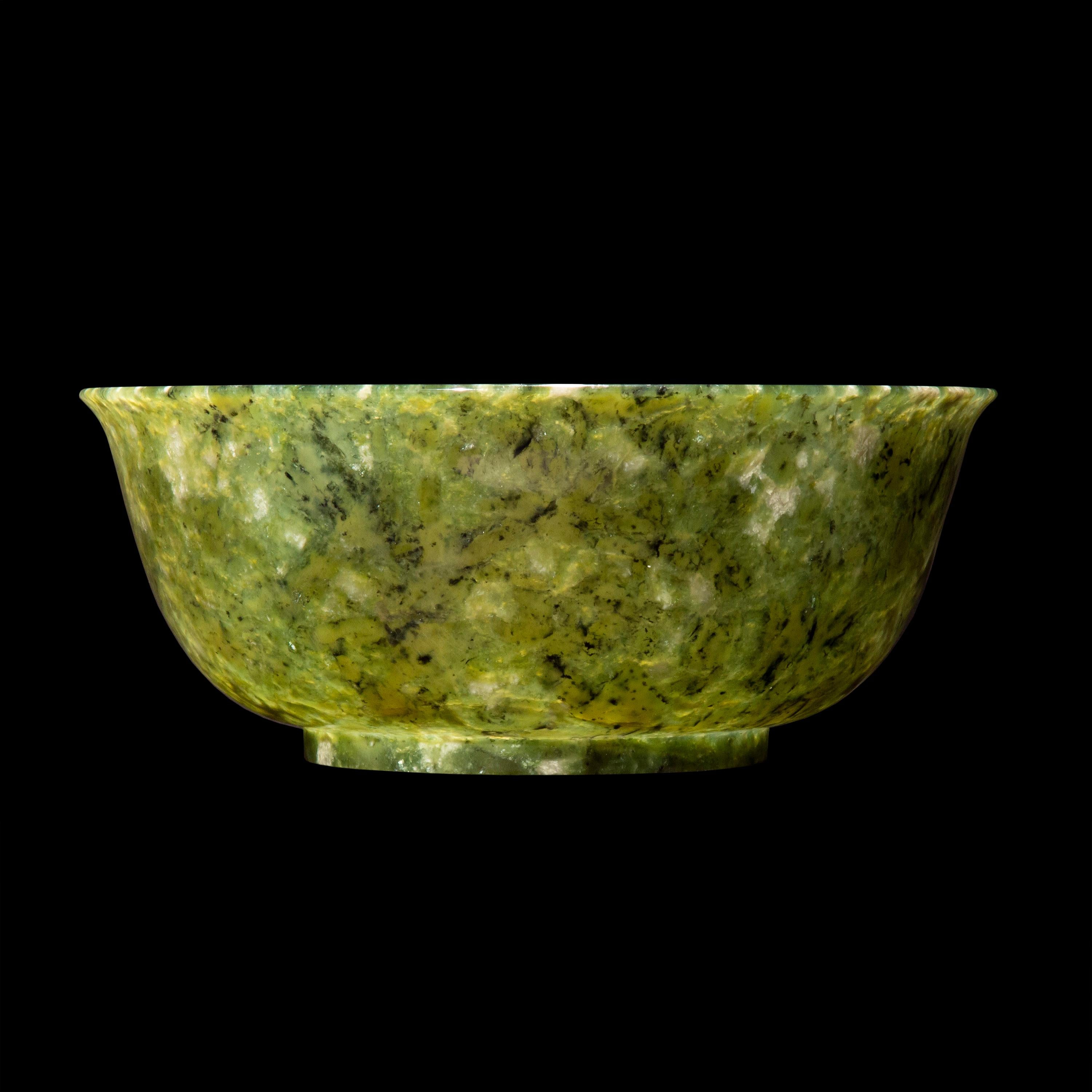Hand-Crafted Large Chinese Spinach Green Jade Bowl