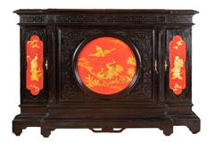 Large Chinese Style Cabinet in Black, Red and Gold Lacquered Wood, circa 1880