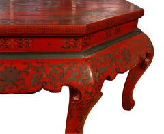 Large Chinese Style Octagonal Red Lacquer Scenic Coffee Table