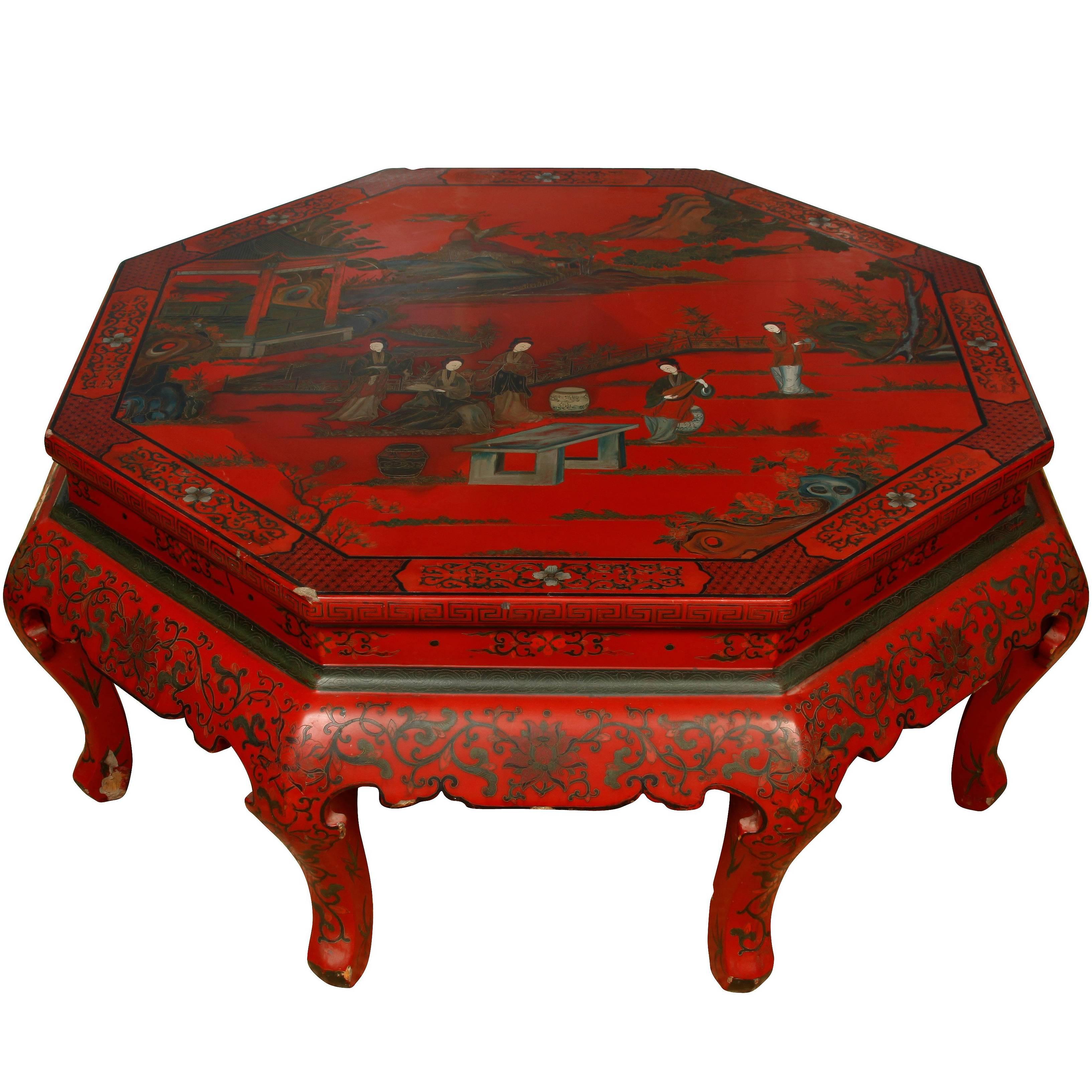 Large Chinese Style Octagonal Red Lacquer Scenic Coffee Table