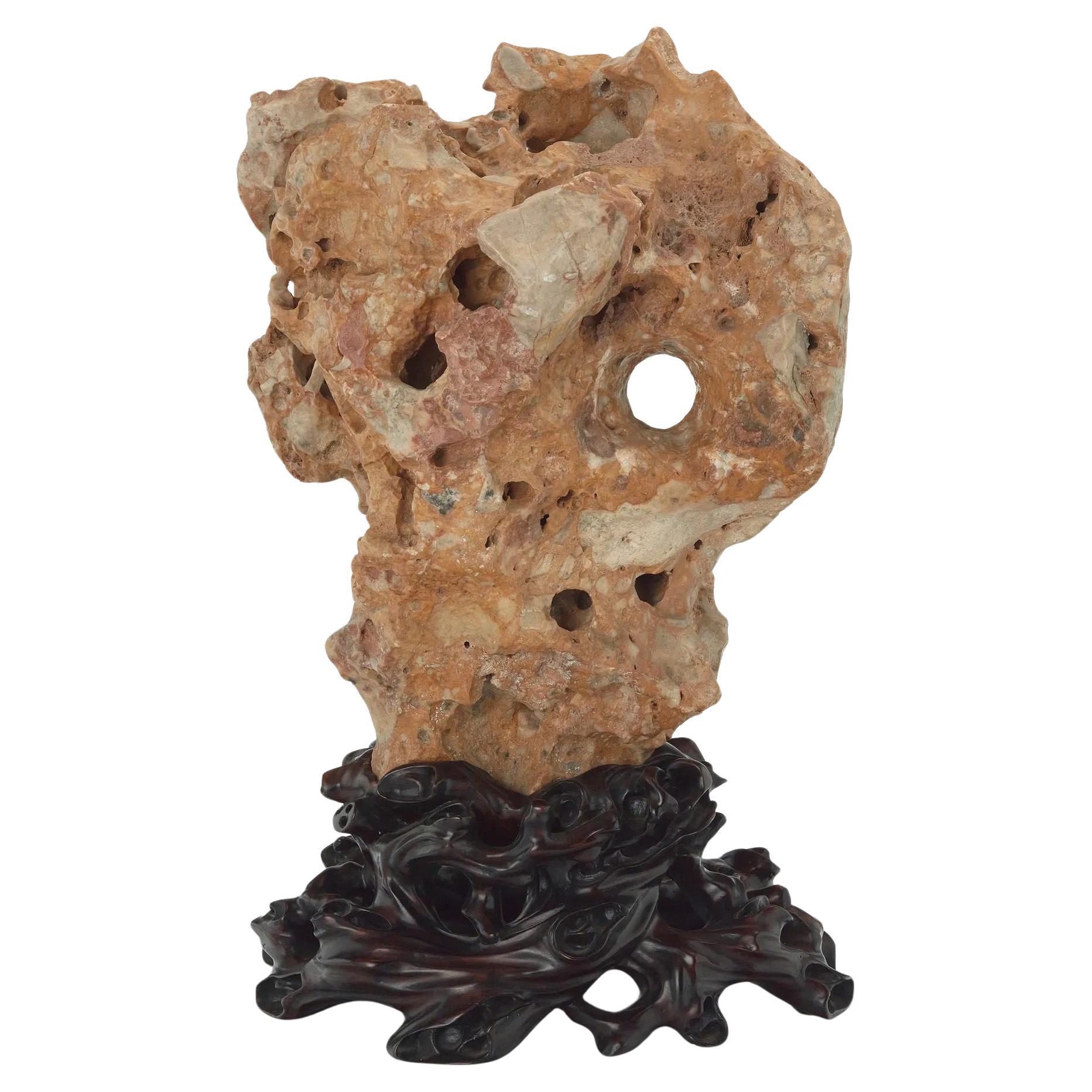 Large Chinese 'Taihu' Scholar Stone on Custom Carved Wood Stand