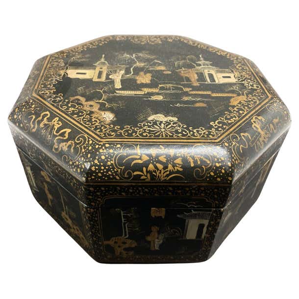 Large Chinese Tea Box Black Lacquered Gilt Hand Painted Octagonal Box ...