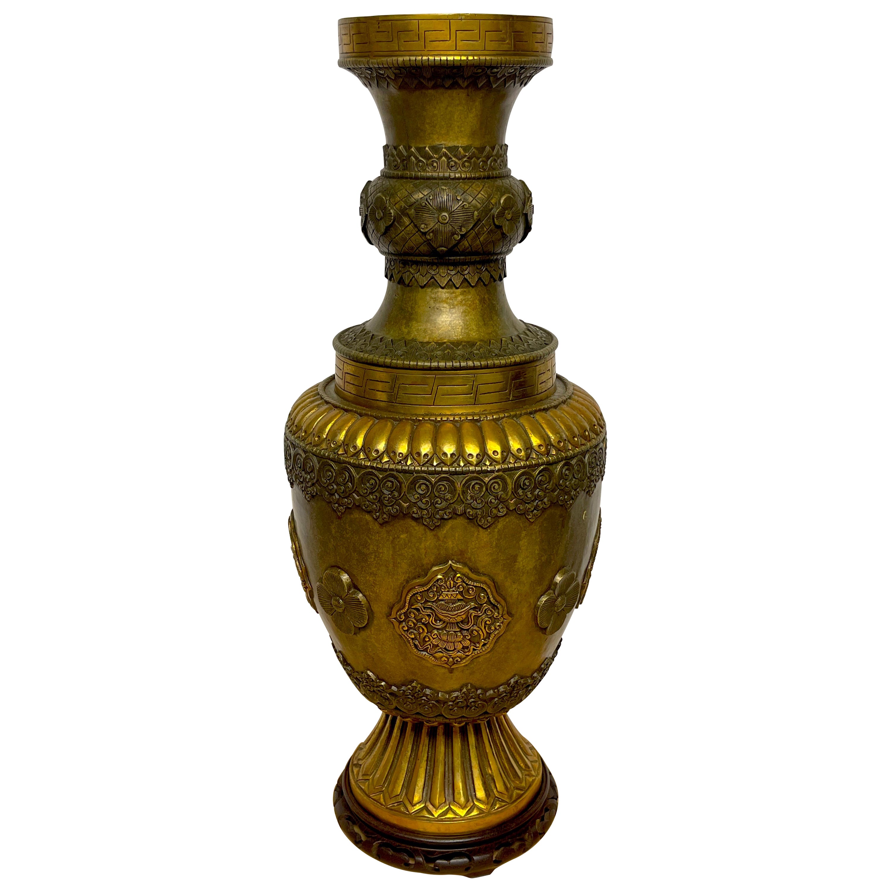 Large Chinese-Tibetan Gilt Bronze 
Offering
 Temple Vase