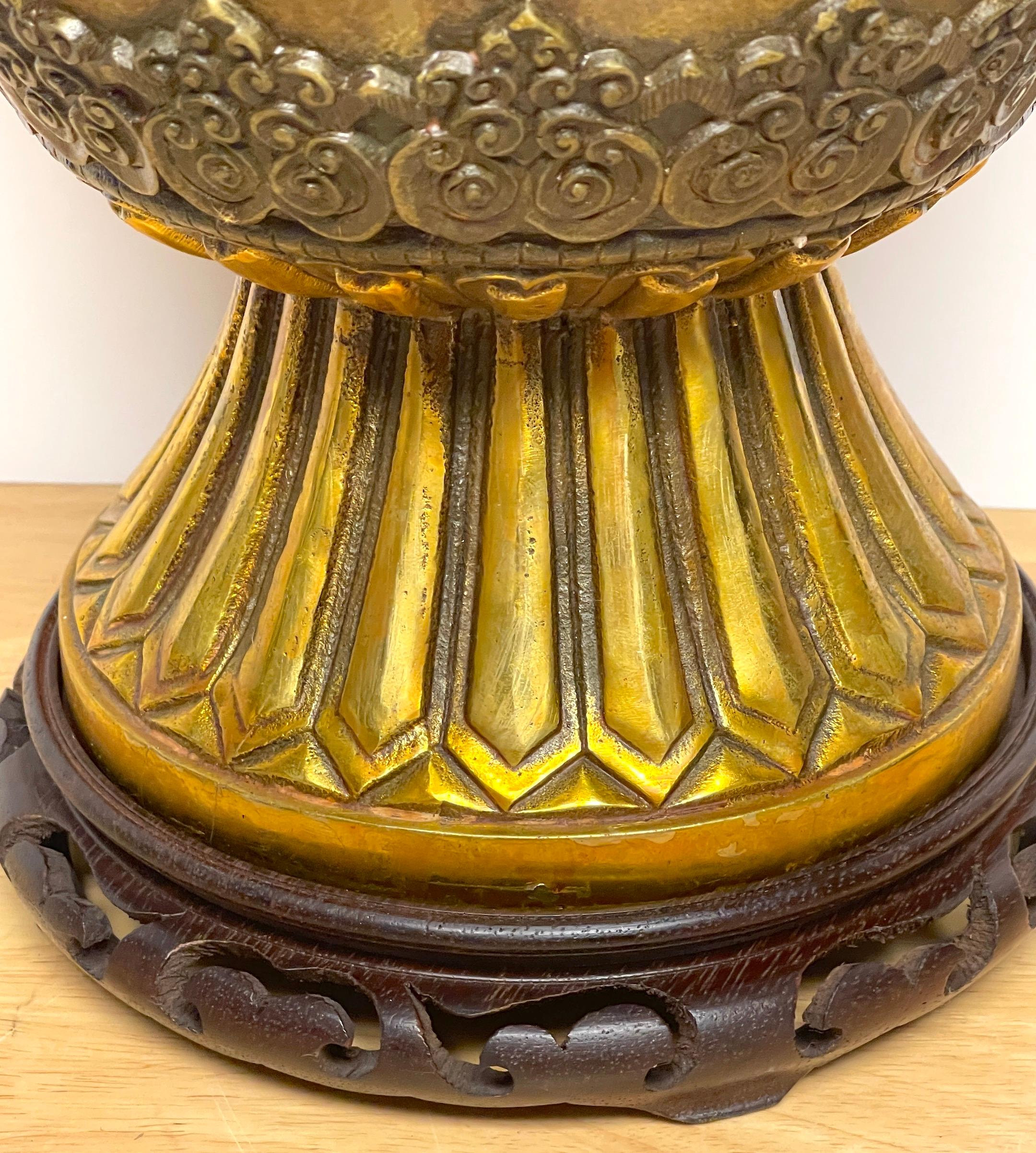 Large Chinese-Tibetan Gilt Bronze 'Offering' Temple Vase & Stand For Sale 7