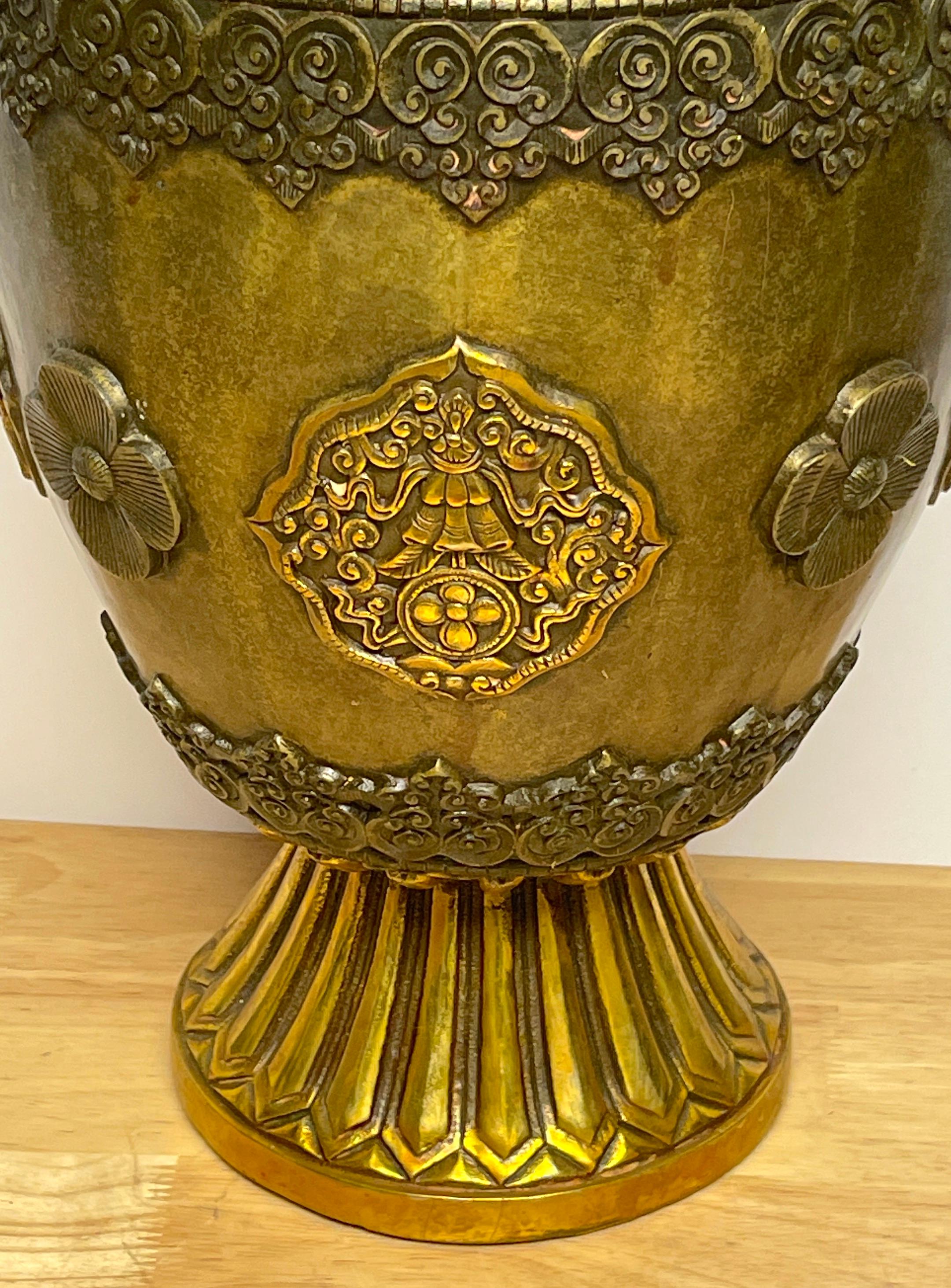Large Chinese-Tibetan Gilt Bronze 'Offering' Temple Vase & Stand For Sale 10