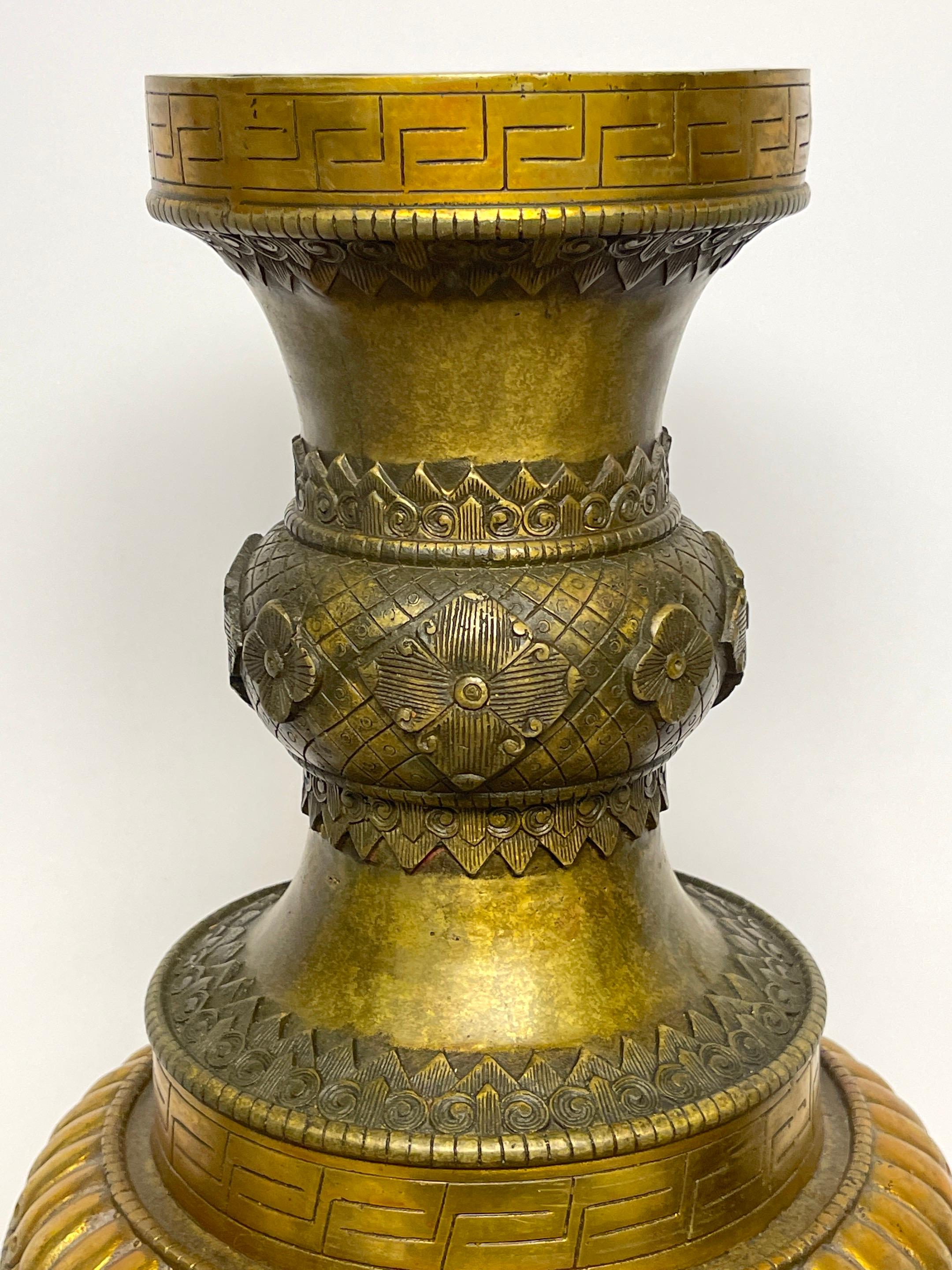 Chinese Export Large Chinese-Tibetan Gilt Bronze 'Offering' Temple Vase & Stand For Sale