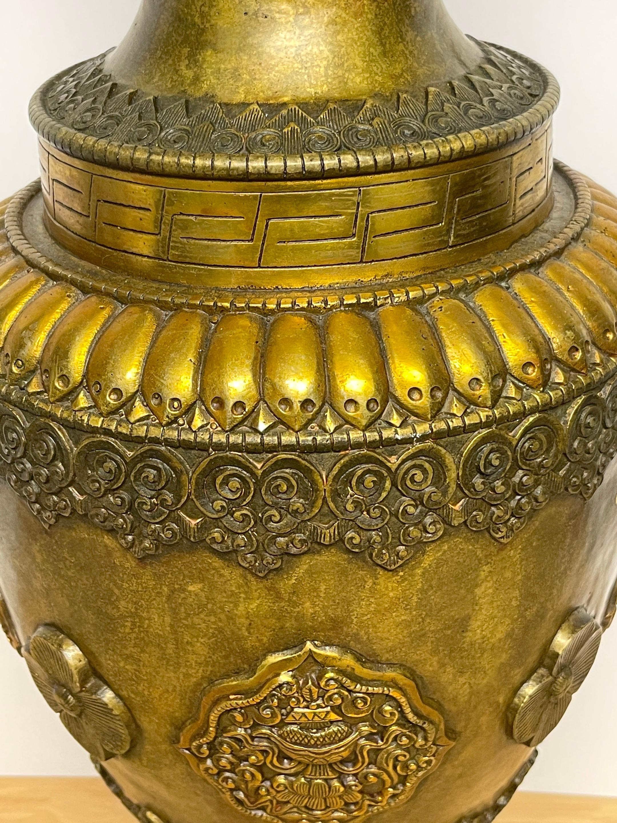 Large Chinese-Tibetan Gilt Bronze 'Offering' Temple Vase & Stand In Good Condition For Sale In West Palm Beach, FL