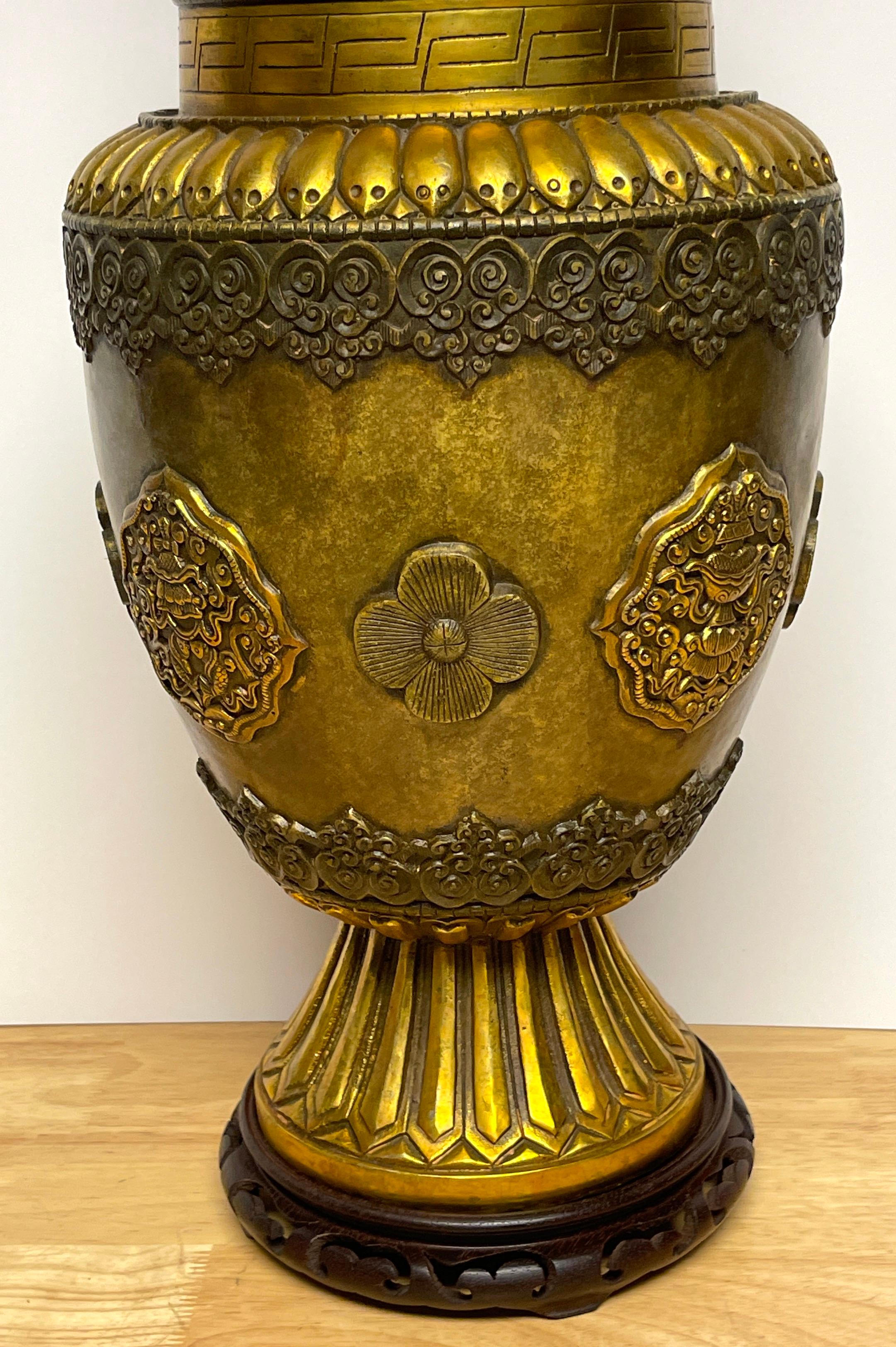 Large Chinese-Tibetan Gilt Bronze 'Offering' Temple Vase & Stand For Sale 3
