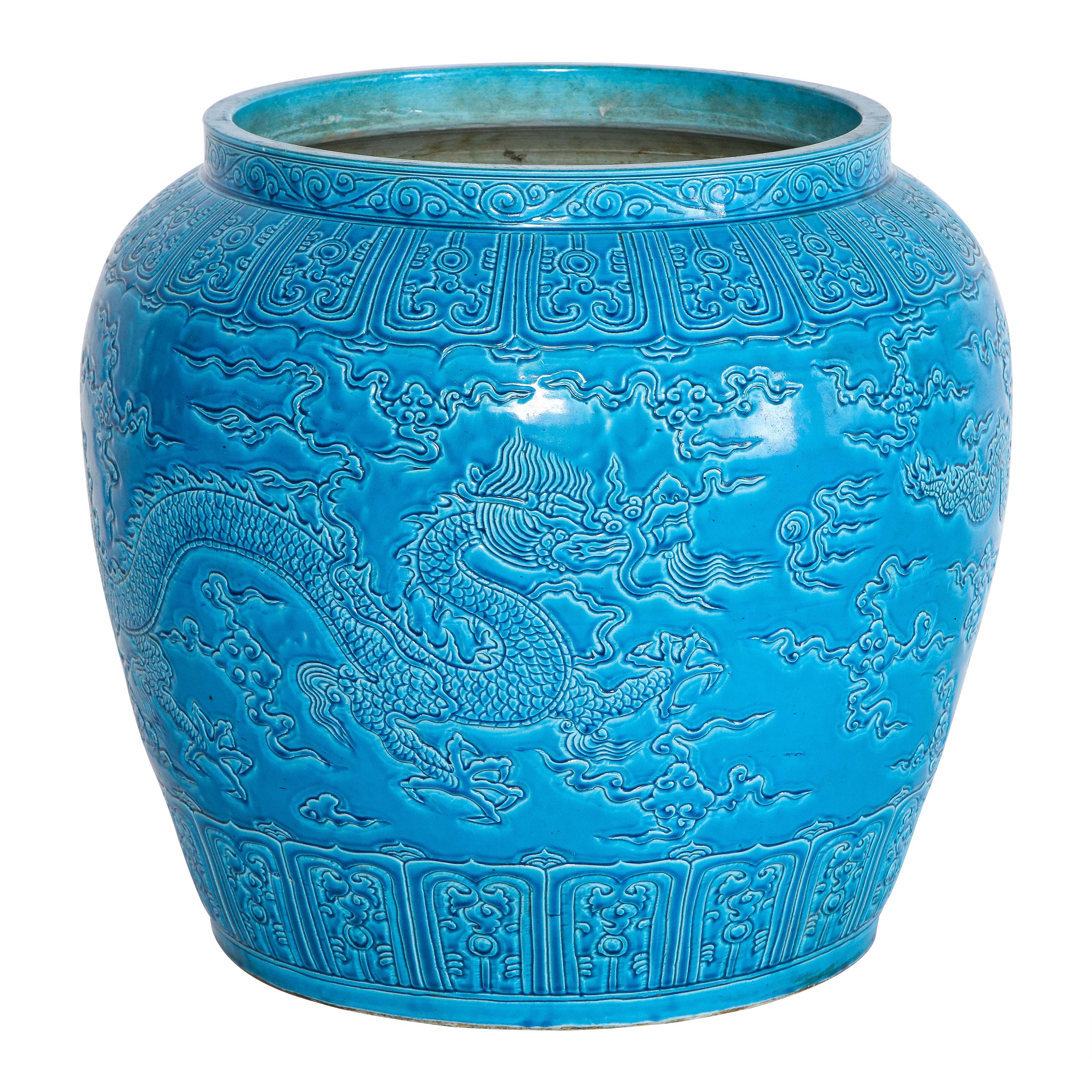 Large Chinese Turquoise Blue Ground Five-Claw Dragon Planter/Jardinière