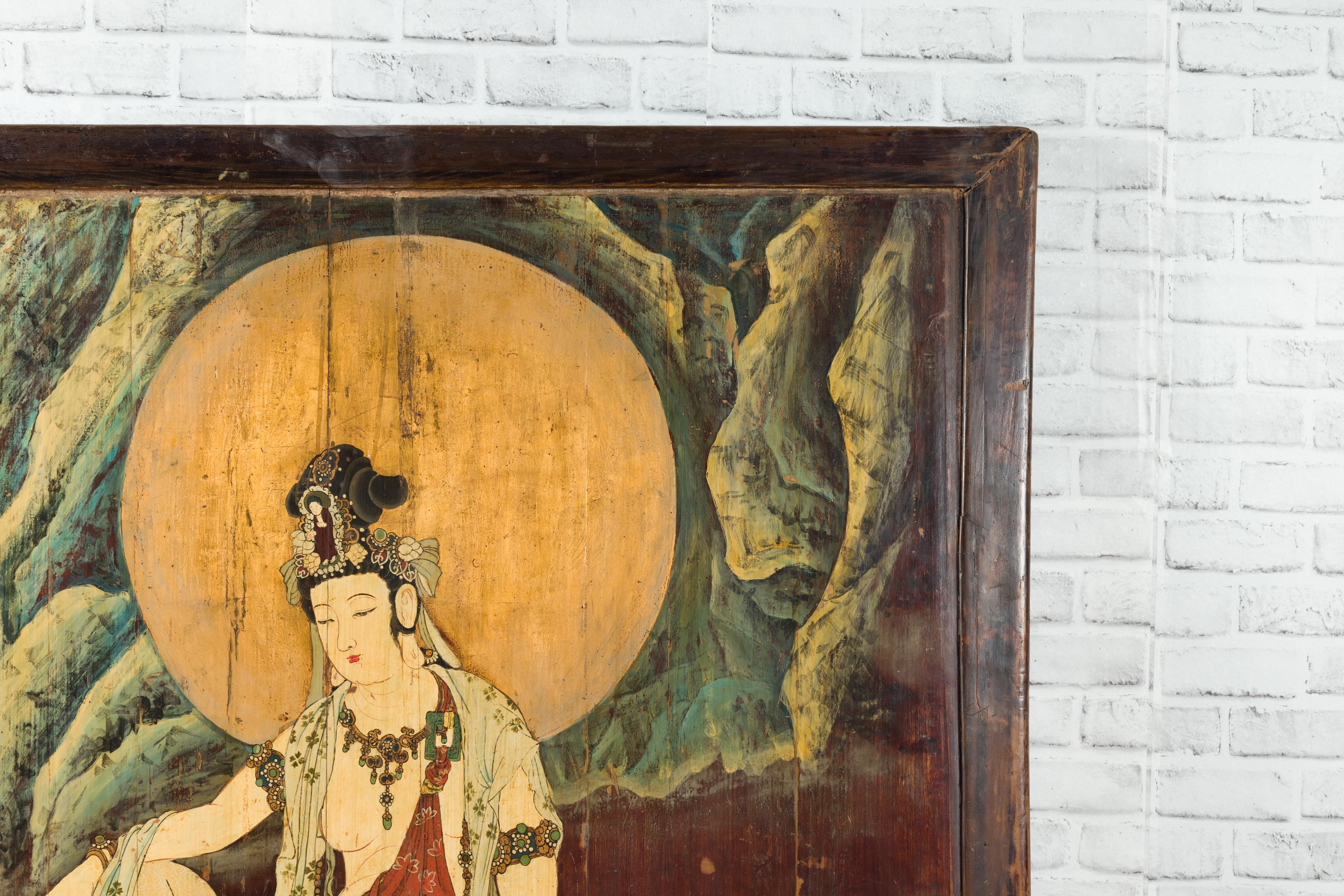 20th Century Large Chinese Two-Sided Painted Elm Screen Depicting Guanyin and Zhong Kui For Sale
