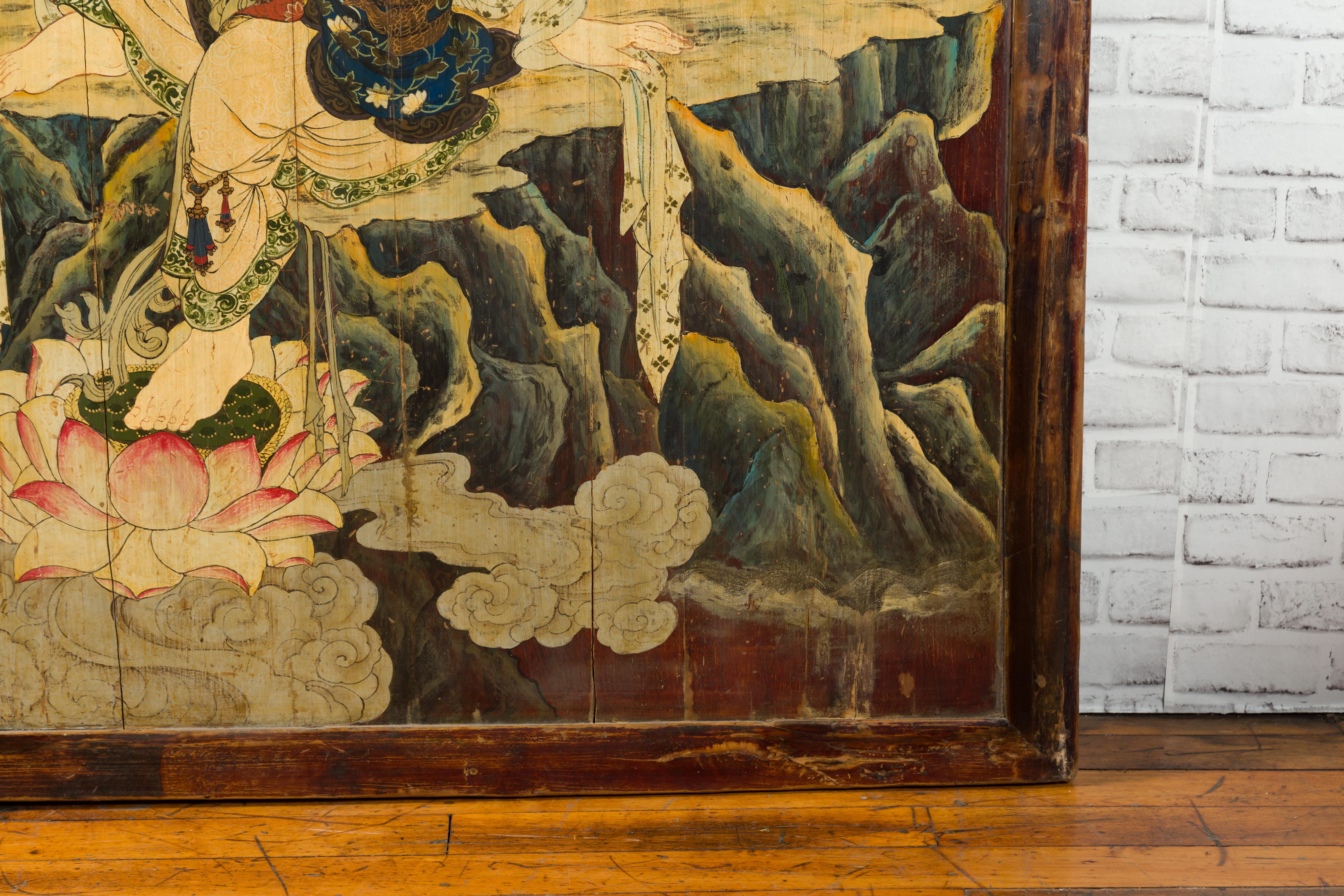 Large Chinese Two-Sided Painted Elm Screen Depicting Guanyin and Zhong Kui For Sale 2