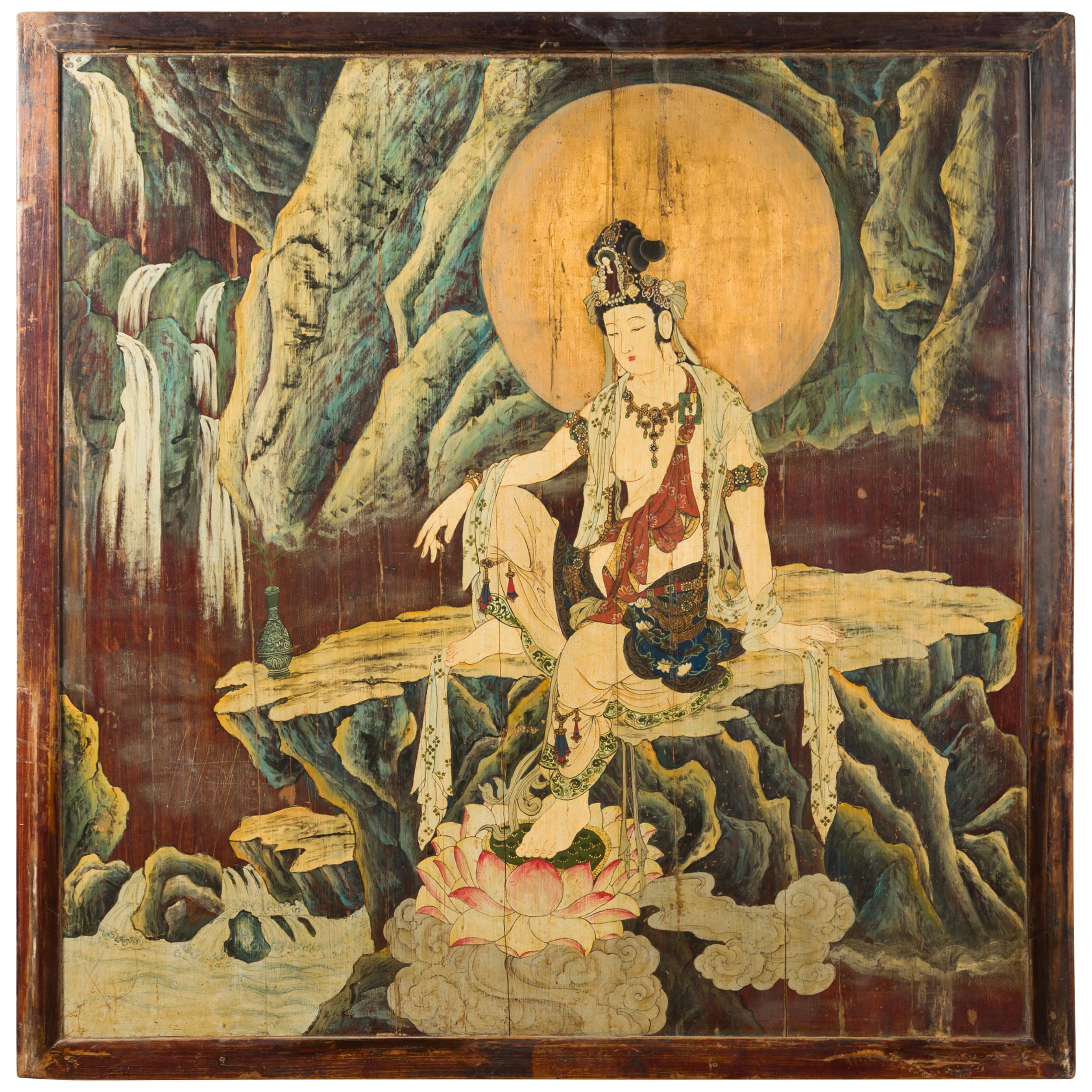 Grand écran chinois en orme peint à deux faces représentant Guanyin et Zhong Kui