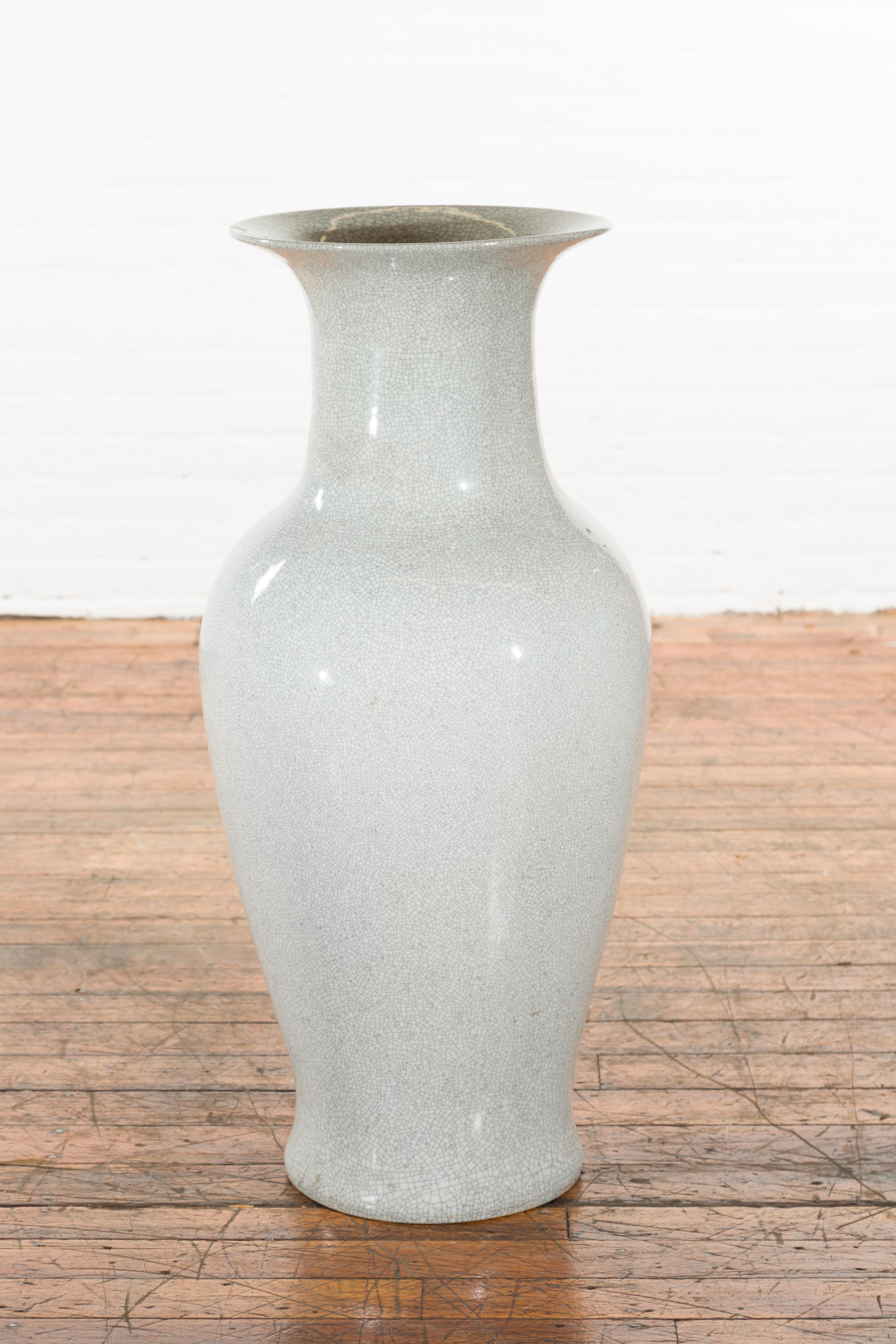 Ceramic Large Chinese Vintage Altar Vase with Grey Crackle Finish and Flaring Neck For Sale