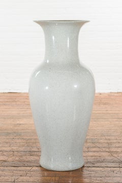 Large Vintage Altar Vase with Grey Crackle Finish and Flaring Neck