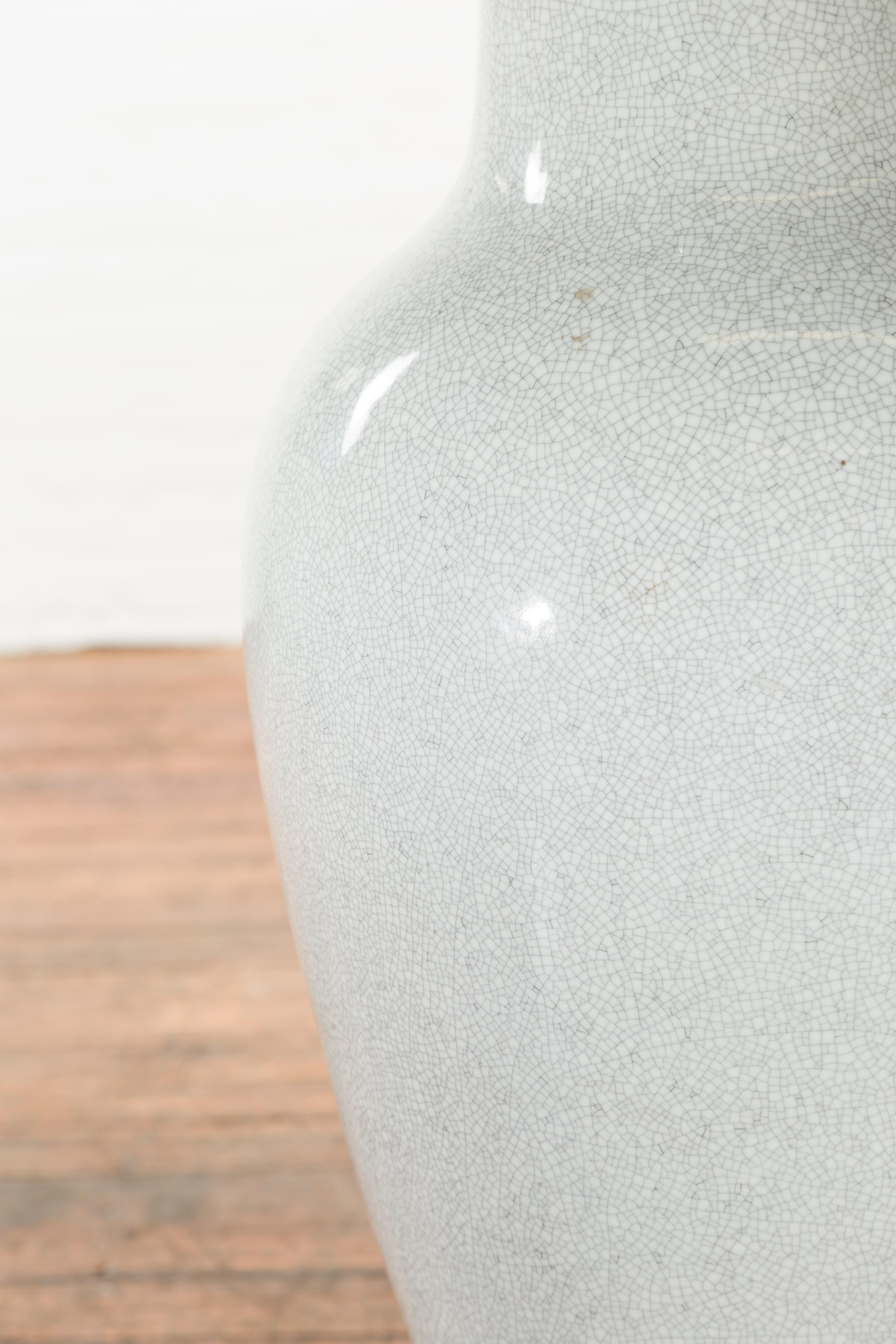 Glazed Large Chinese Vintage Altar Vase with Grey Crackle Finish and Flaring Neck For Sale