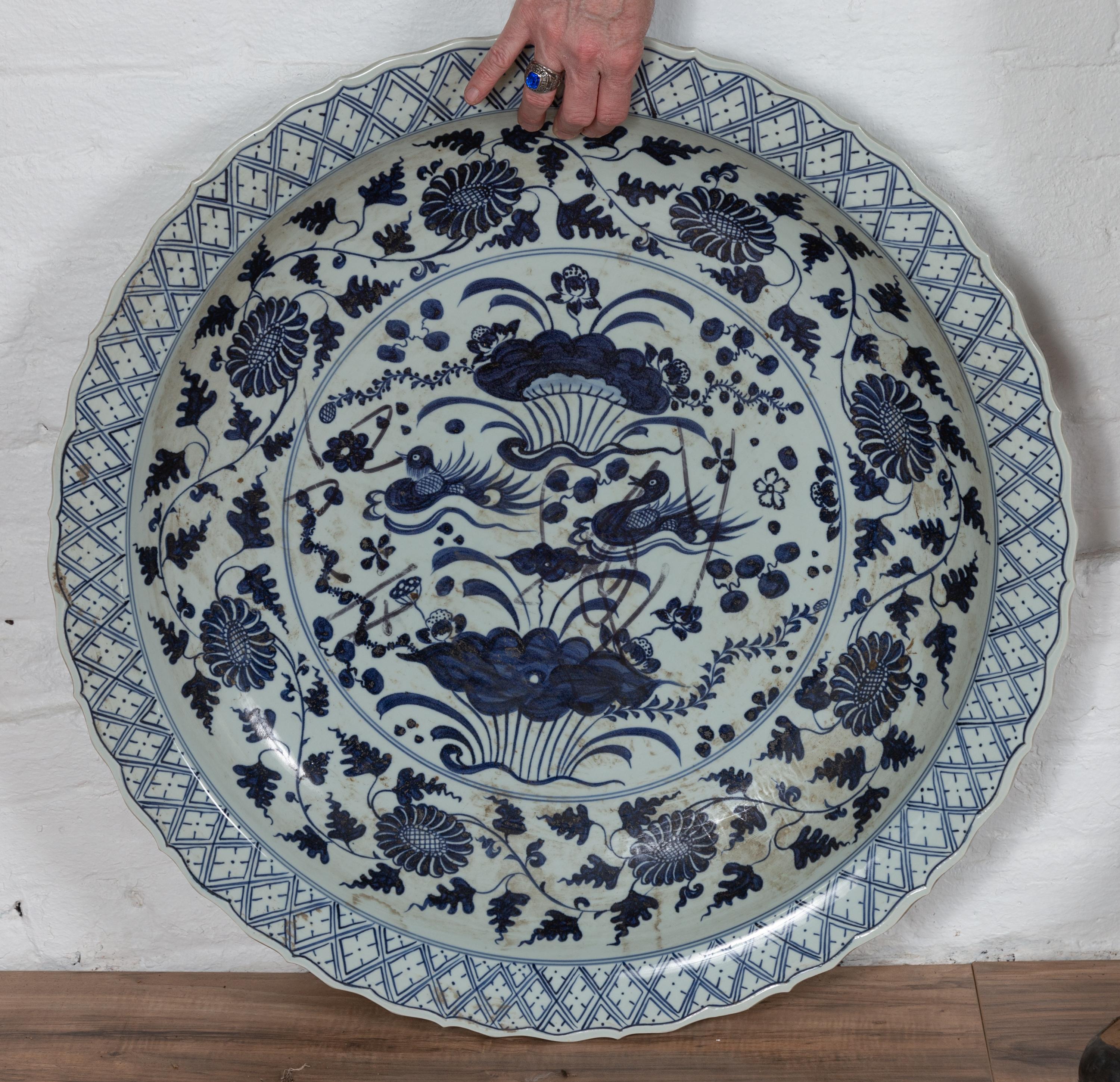 Large Chinese Vintage Blue and White Charger Plate with Flower and Bird Motifs 2