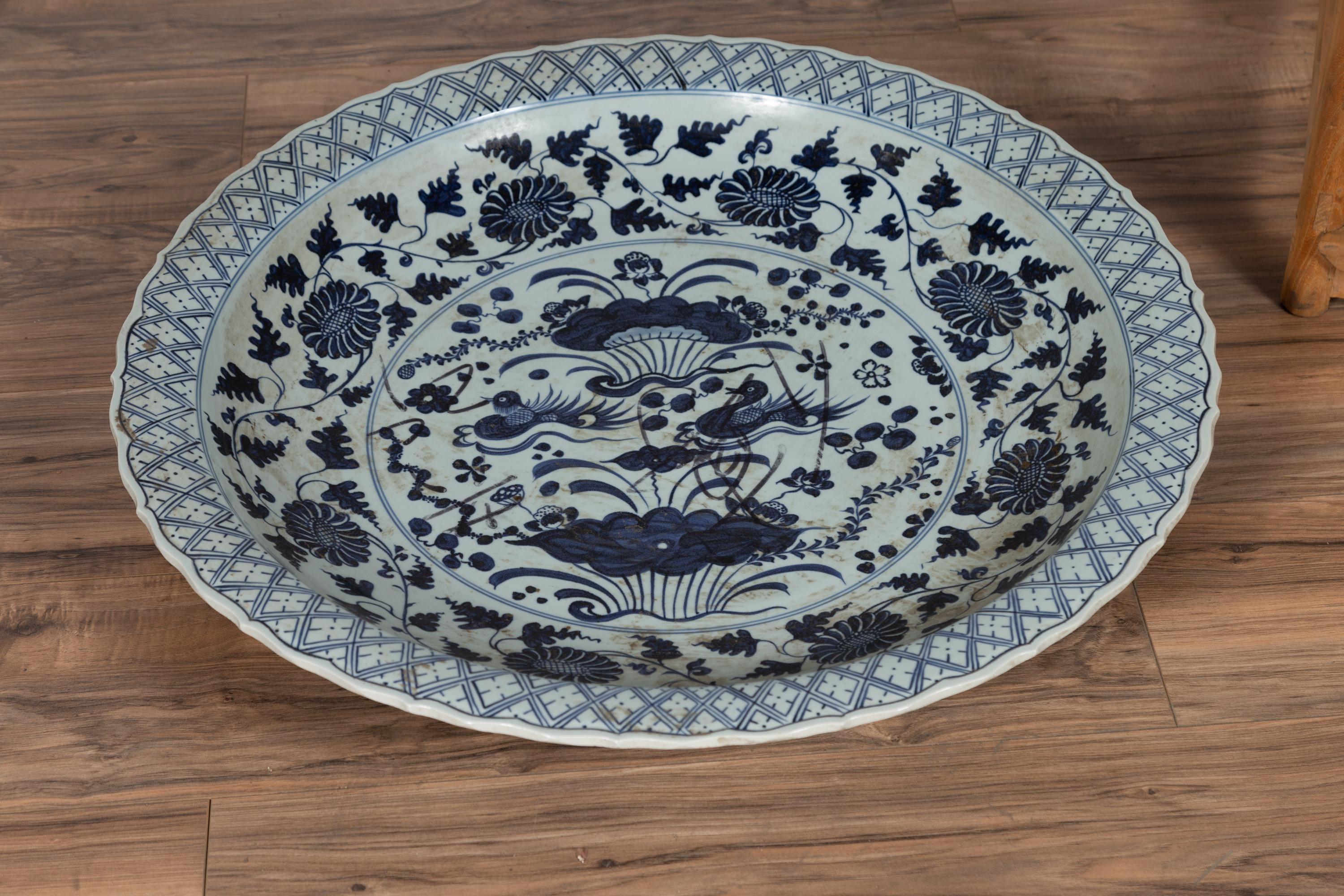 Large Chinese Vintage Blue and White Charger Plate with Flower and Bird Motifs 3