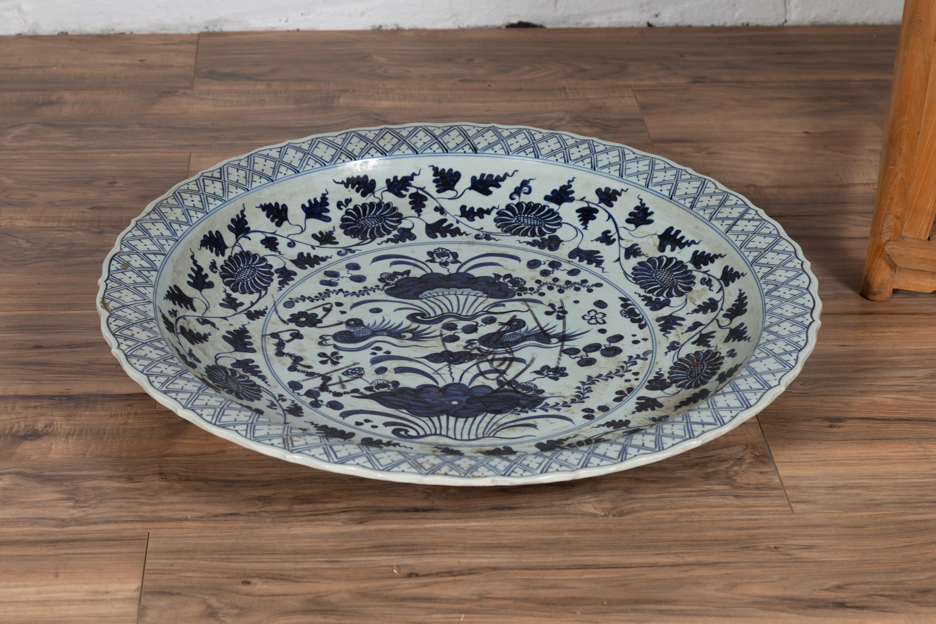Large Chinese Vintage Blue and White Charger Plate with Flower and Bird Motifs 5