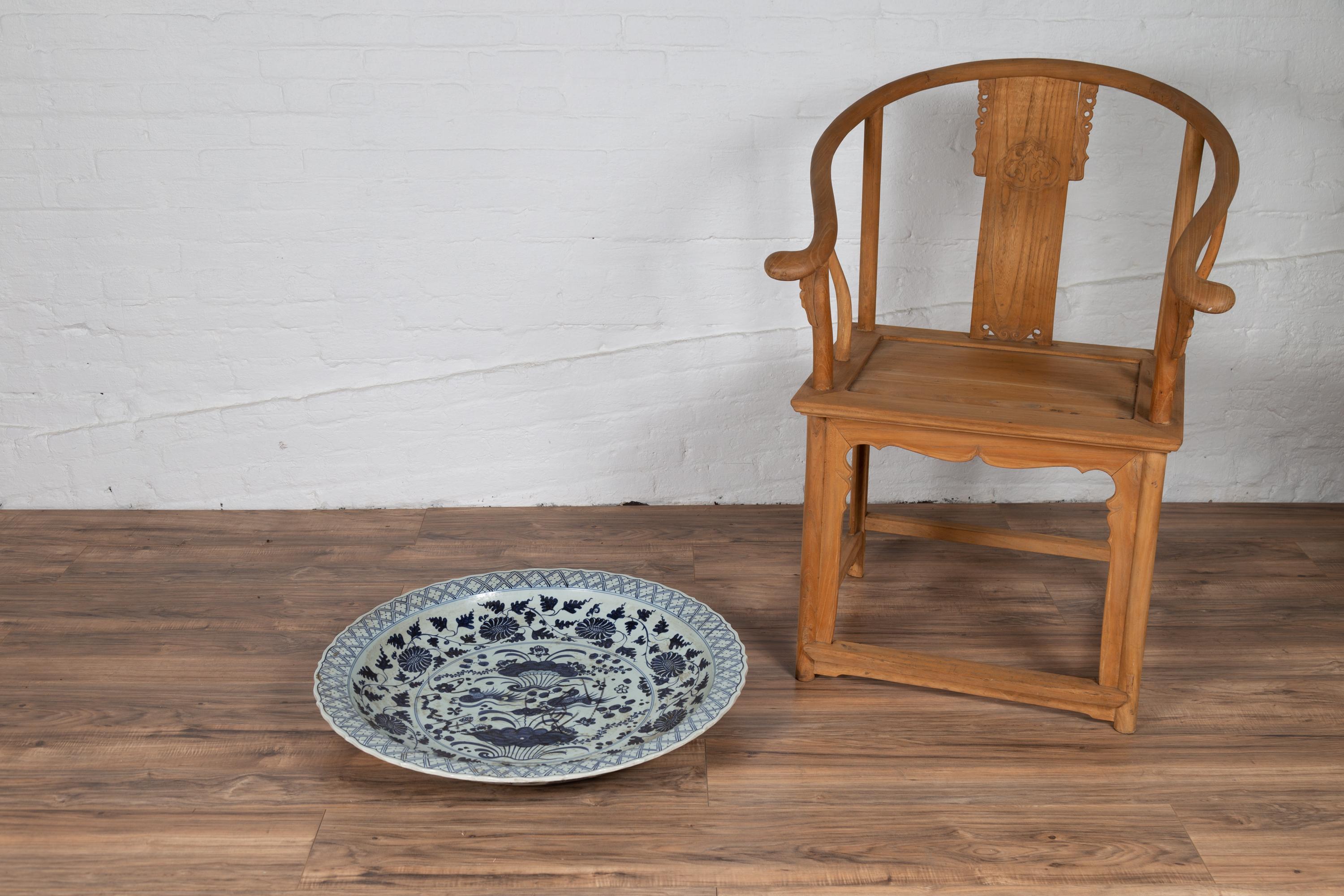 Large Chinese Vintage Blue and White Charger Plate with Flower and Bird Motifs 6