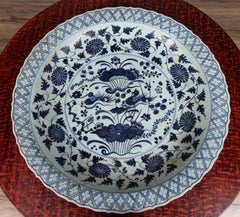 Large Chinese Vintage Blue and White Charger Plate with Flower and Bird Motifs