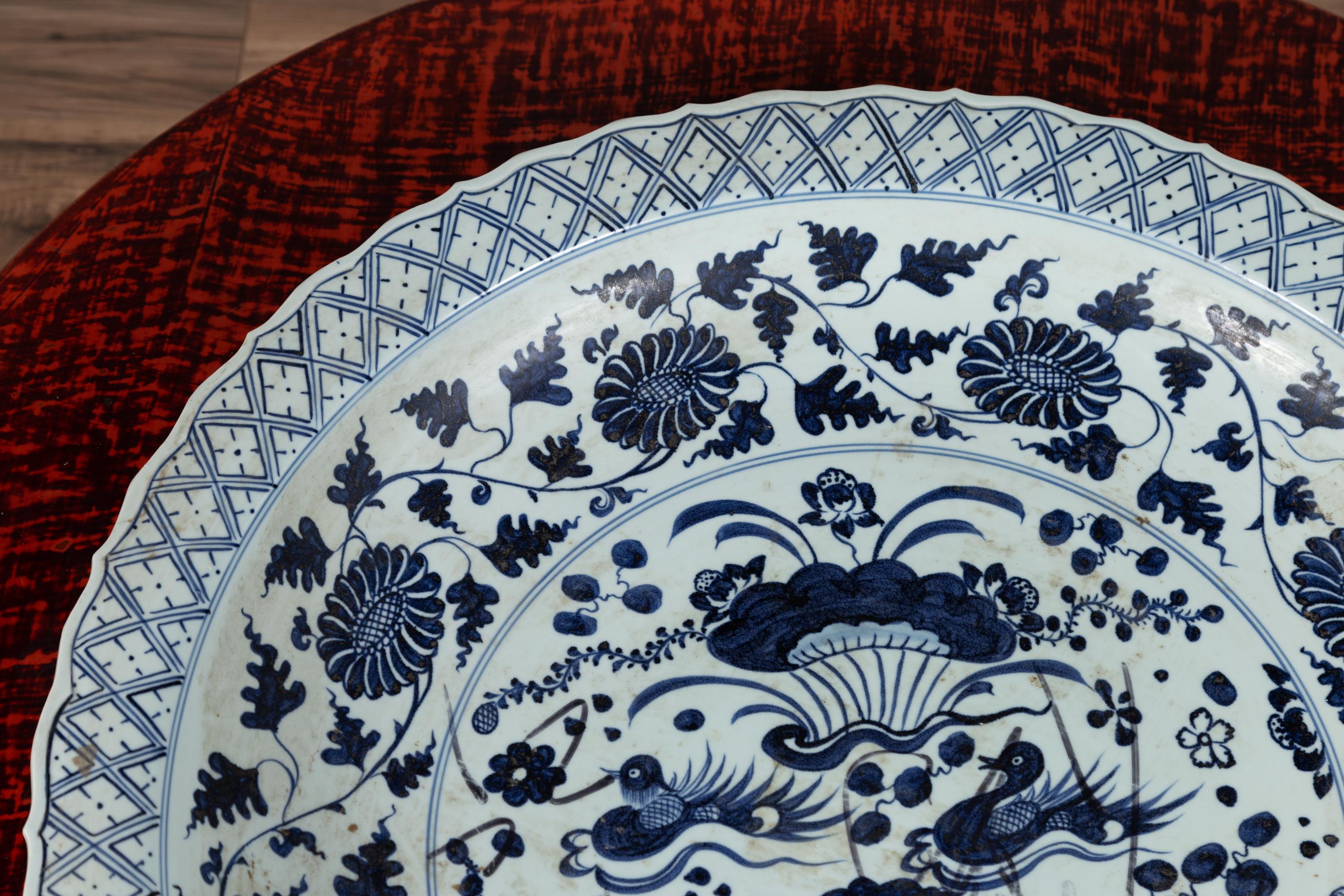20th Century Large Chinese Vintage Blue and White Charger Plate with Flower and Bird Motifs
