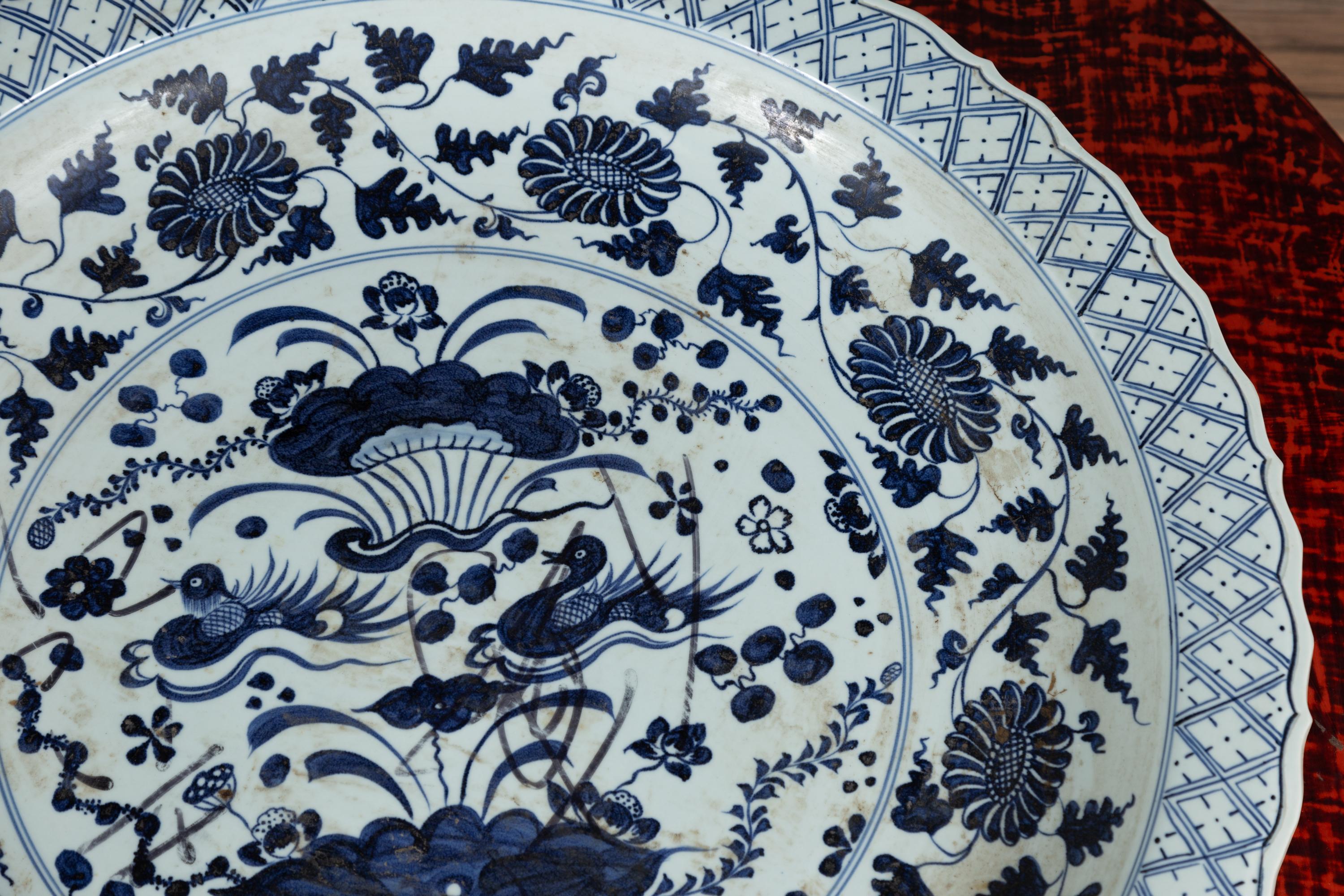 Ceramic Large Chinese Vintage Blue and White Charger Plate with Flower and Bird Motifs