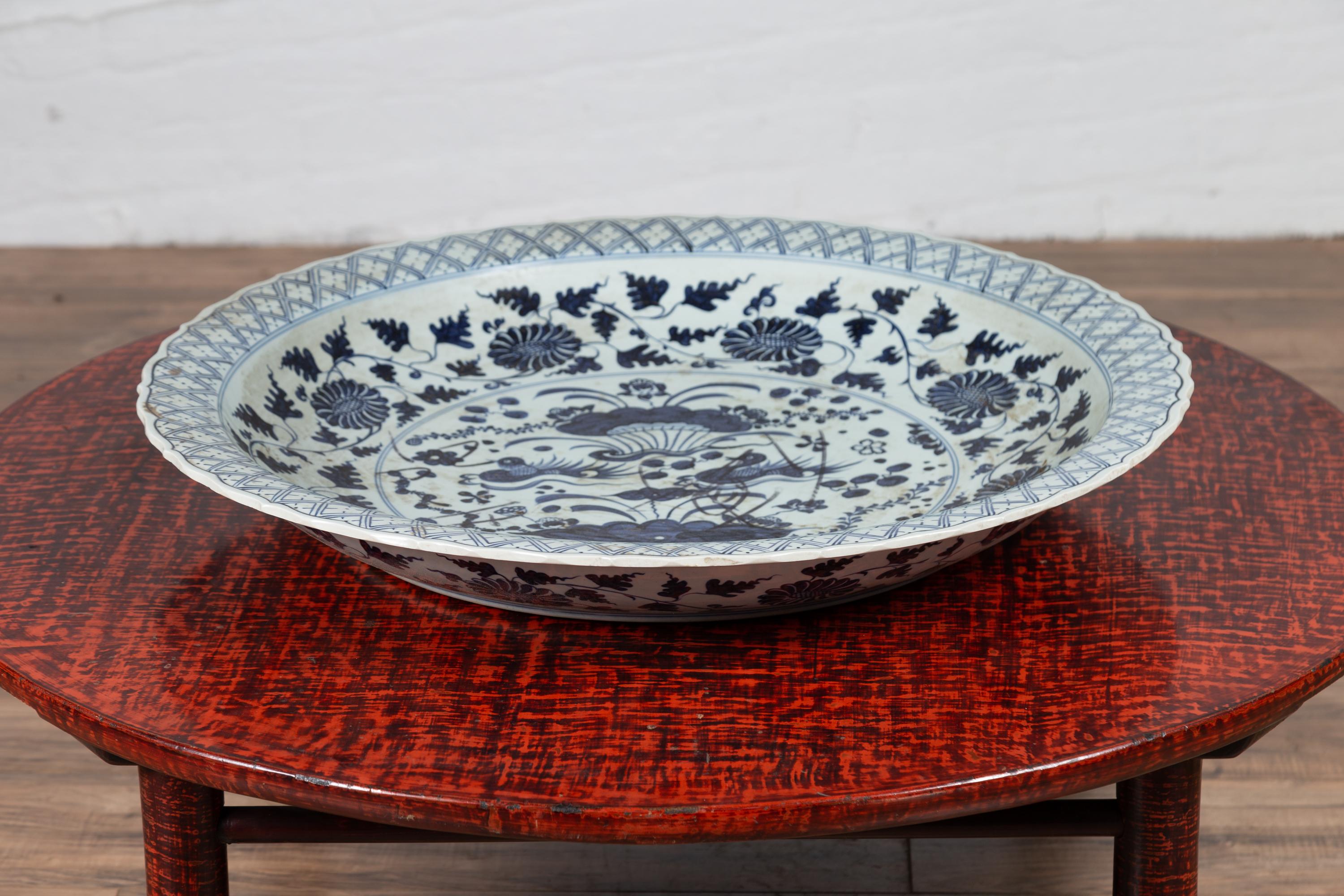 Large Chinese Vintage Blue and White Charger Plate with Flower and Bird Motifs 1