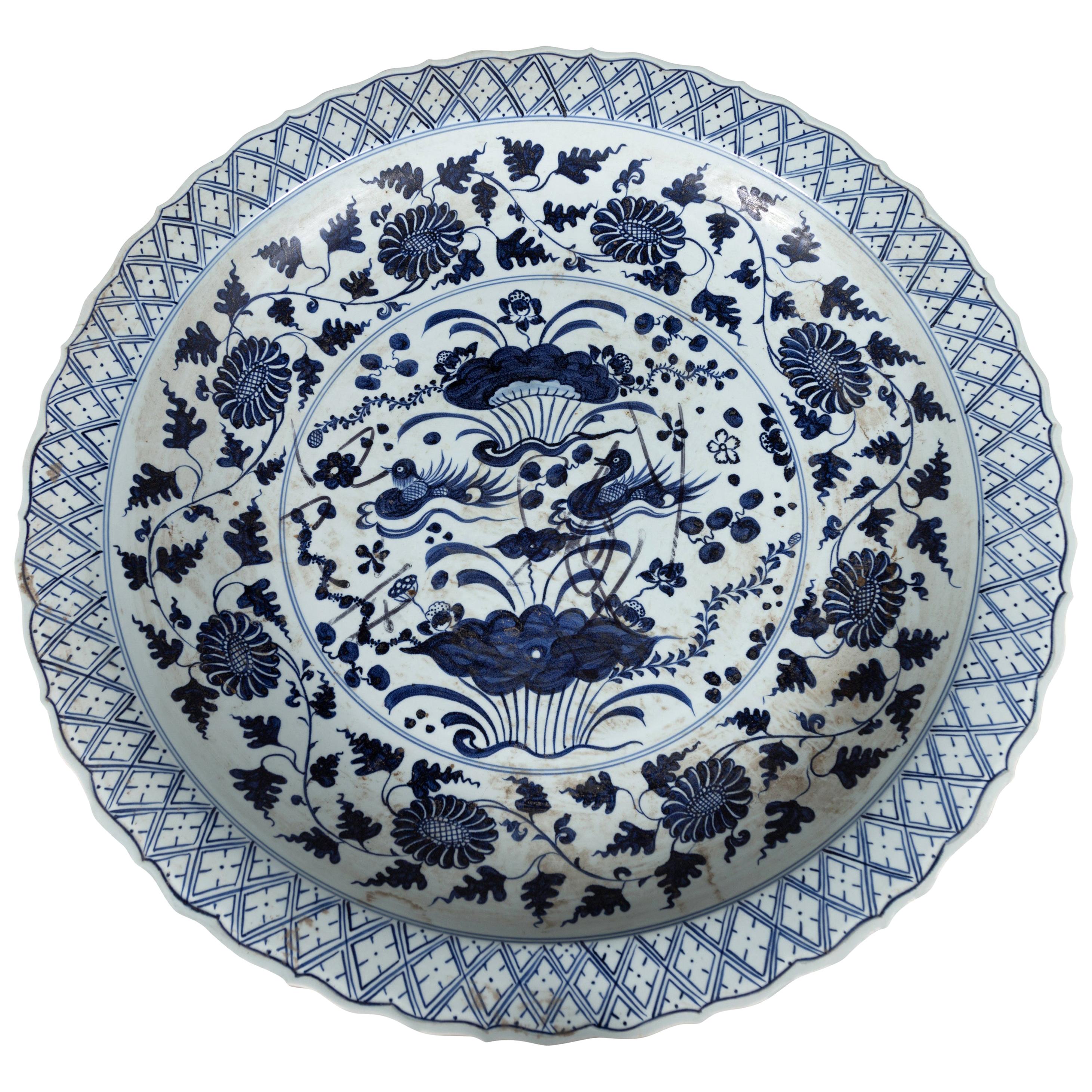 Large Chinese Vintage Blue and White Charger Plate with Flower and Bird Motifs