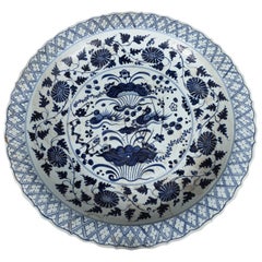 Large Chinese Retro Blue and White Charger Plate with Flower and Bird Motifs