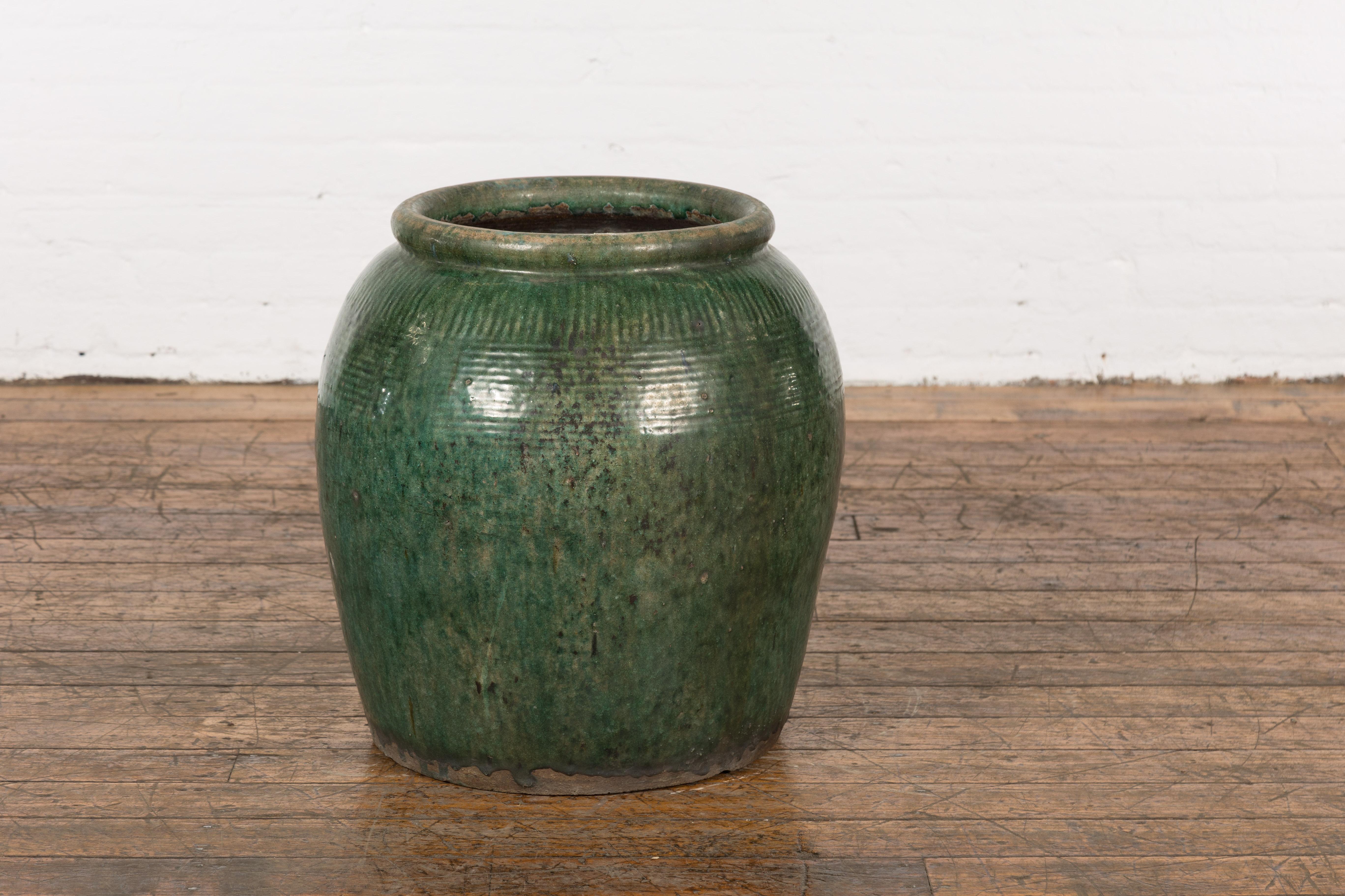 Large Chinese Vintage Dark Green Glazed Ceramic Planter with Striated Décor 5