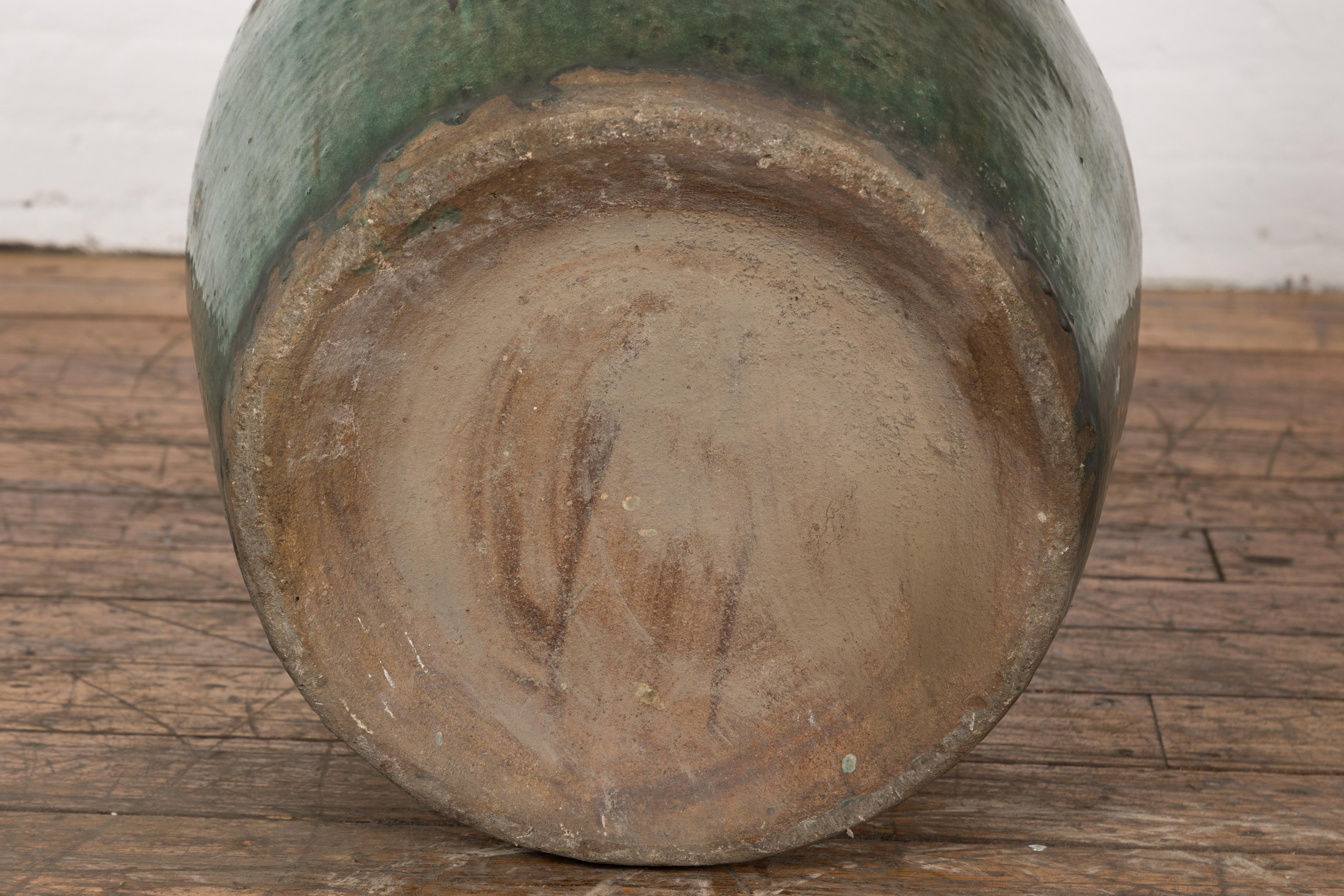 Large Chinese Vintage Dark Green Glazed Ceramic Planter with Striated Décor 6