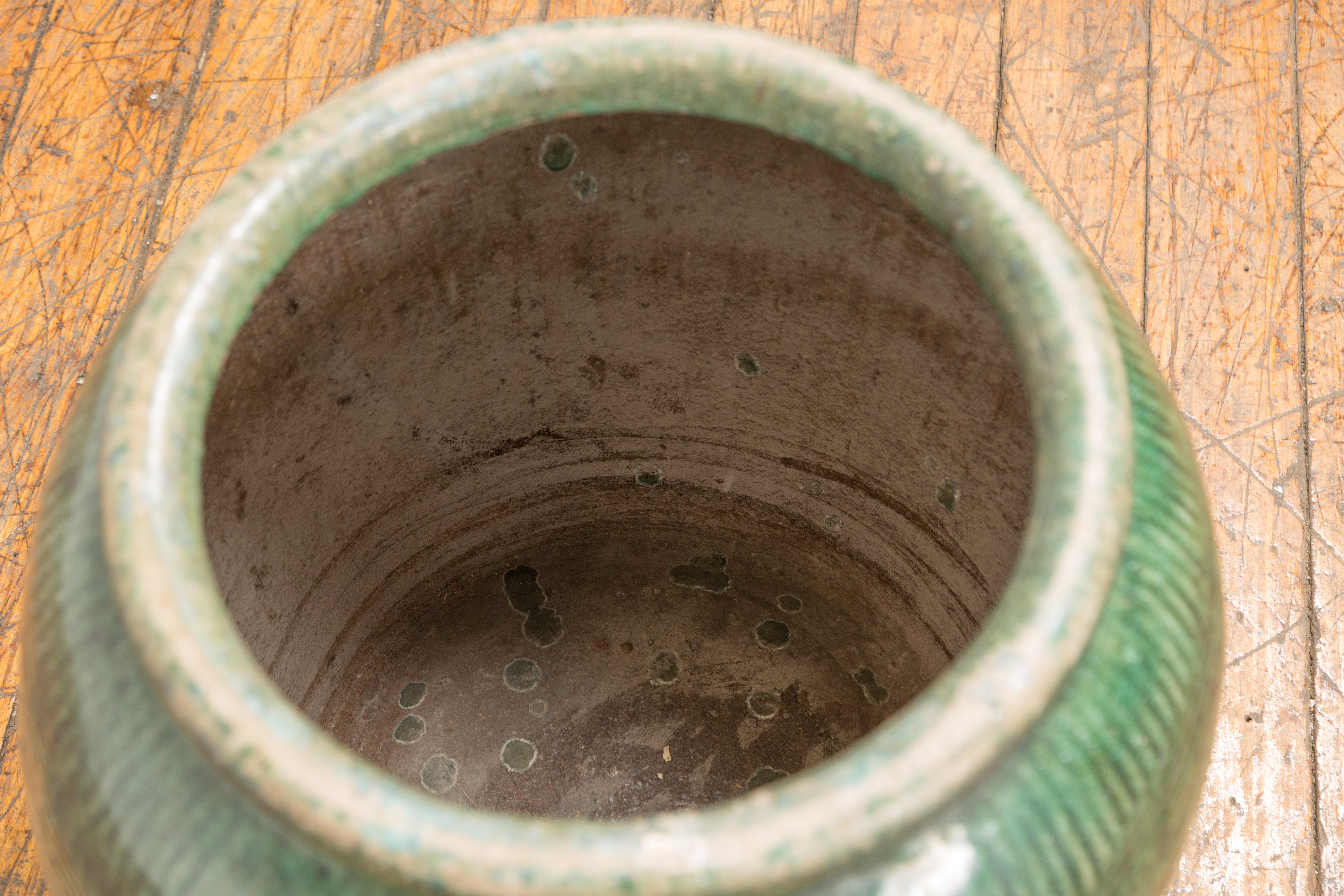 20th Century Large Chinese Vintage Dark Green Glazed Ceramic Planter with Striated Décor