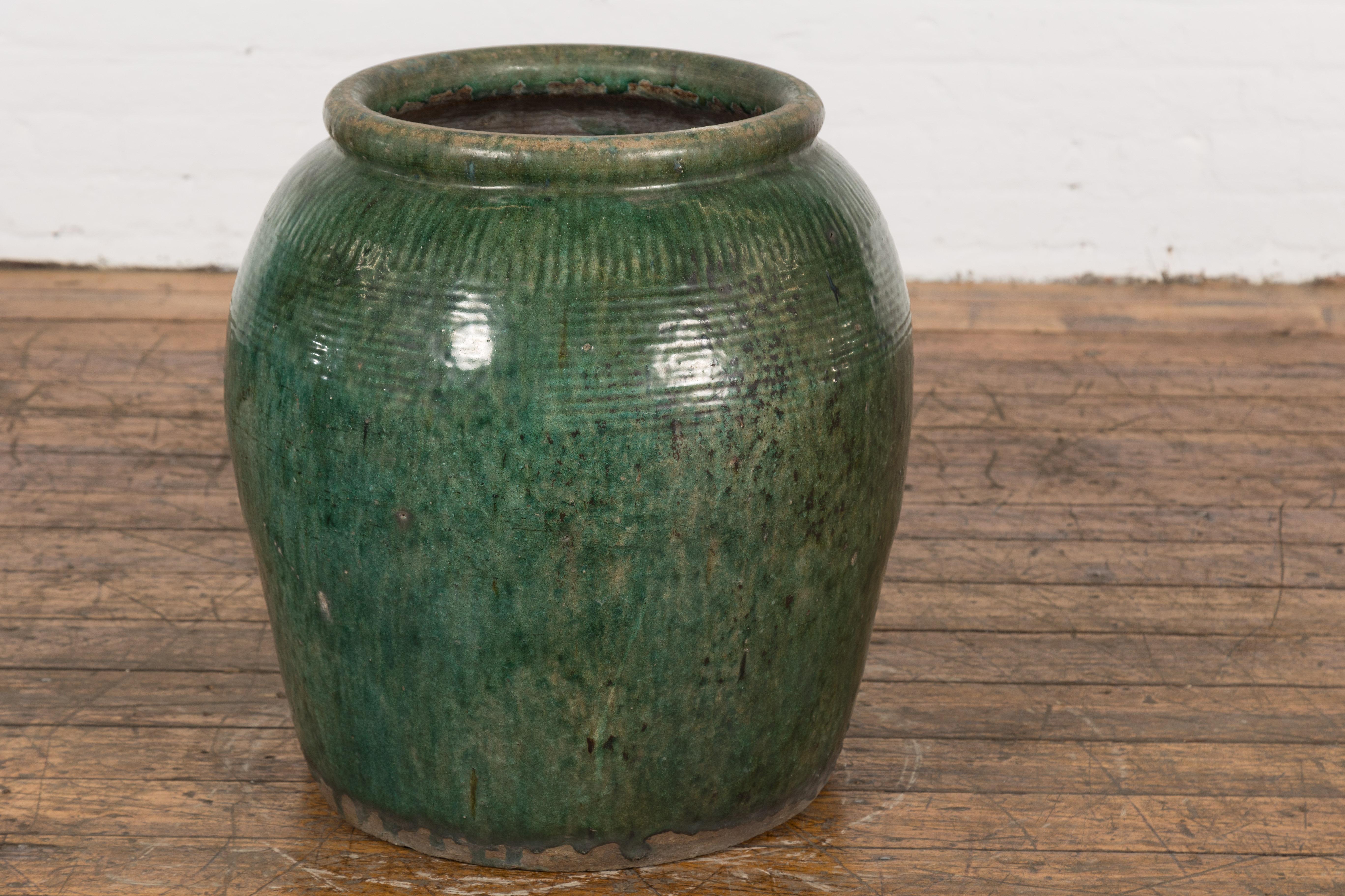 Large Chinese Vintage Dark Green Glazed Ceramic Planter with Striated Décor 1