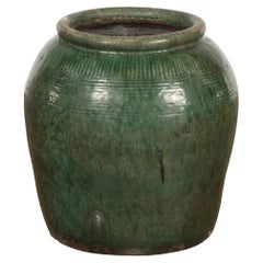 Large Chinese Vintage Dark Green Glazed Ceramic Planter with Striated Décor