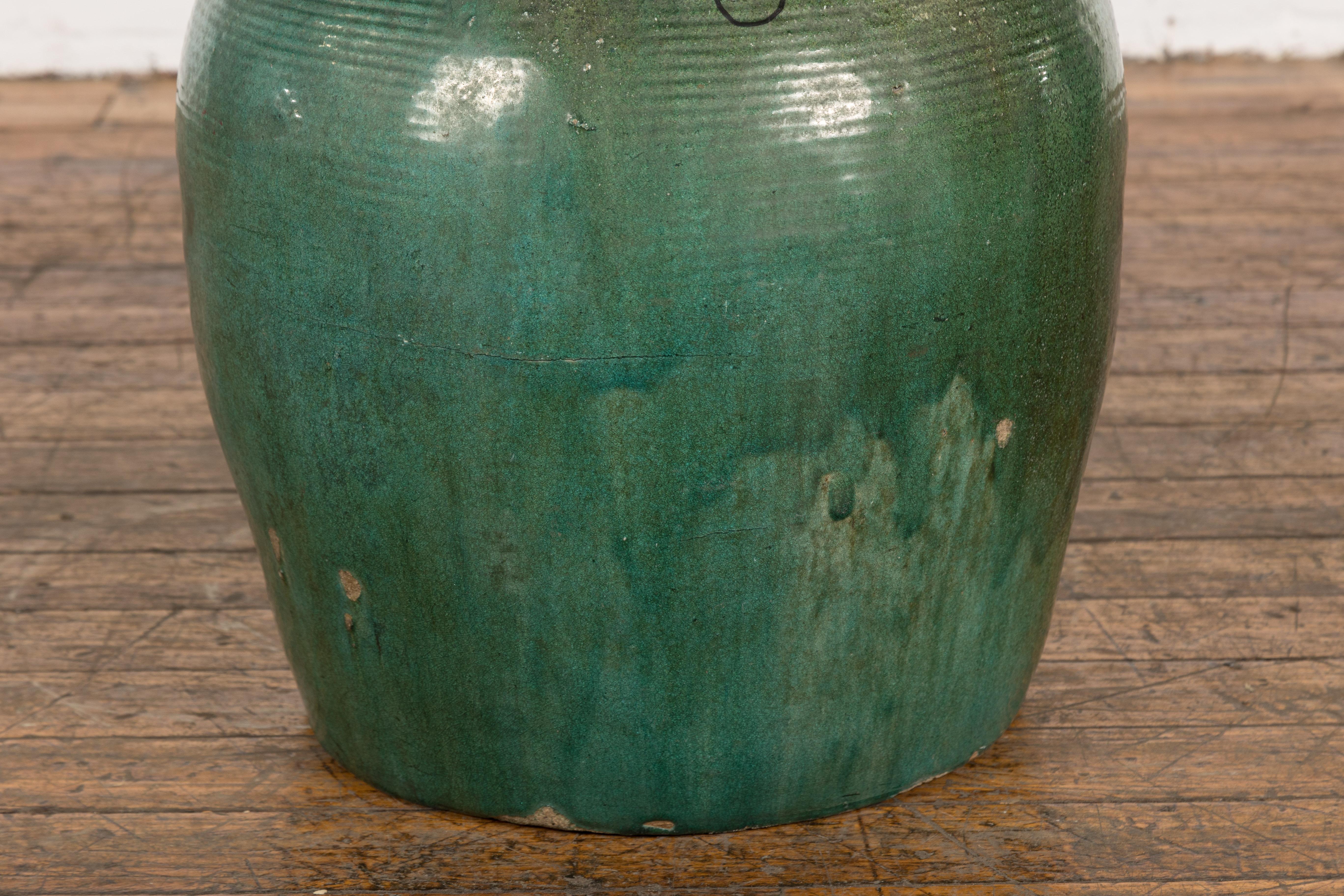 Large Chinese Vintage Green Glazed Ceramic Planter with Striated Décor For Sale 8