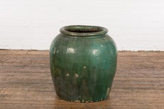 Large Chinese Vintage Green Glazed Ceramic Planter with Striated Décor
