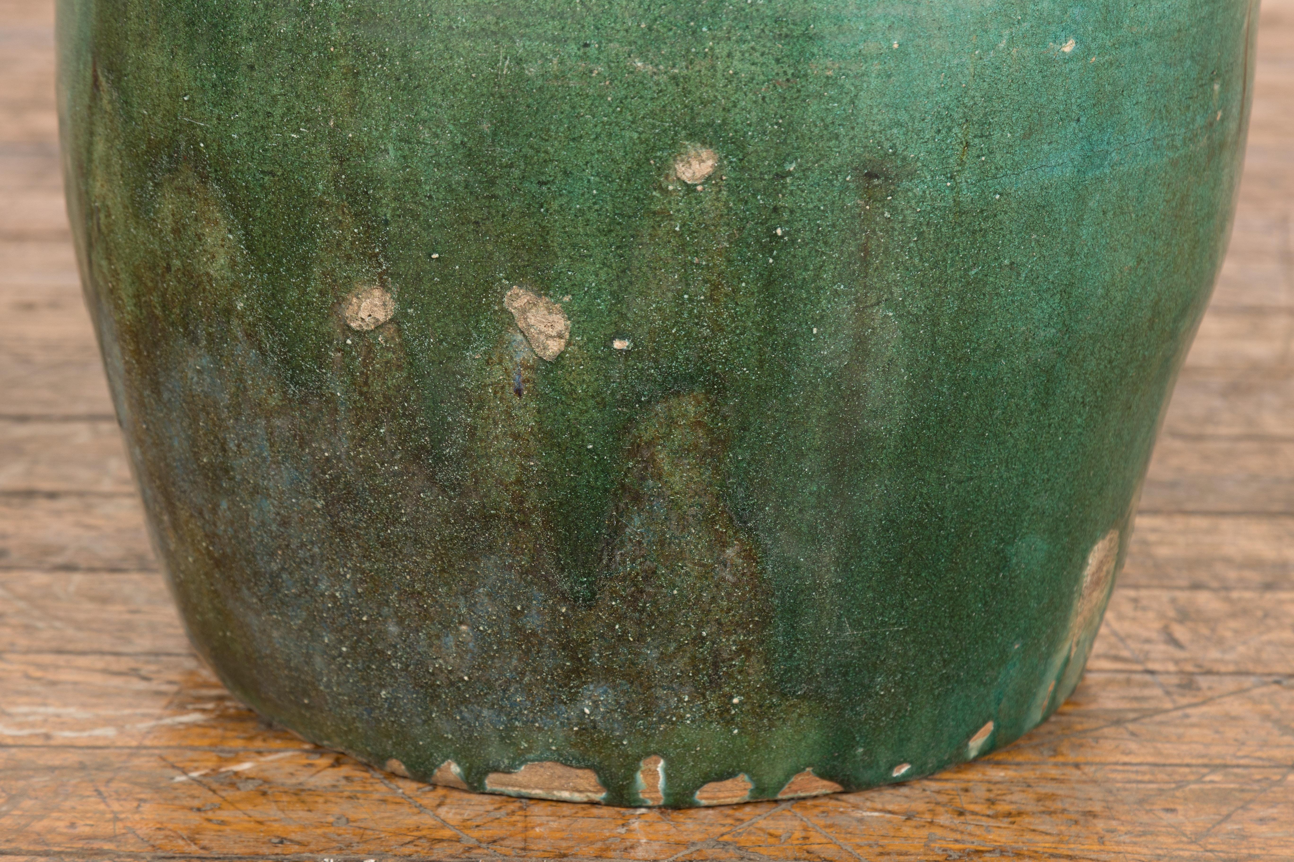 Large Chinese Vintage Green Glazed Ceramic Planter with Striated Décor For Sale 4