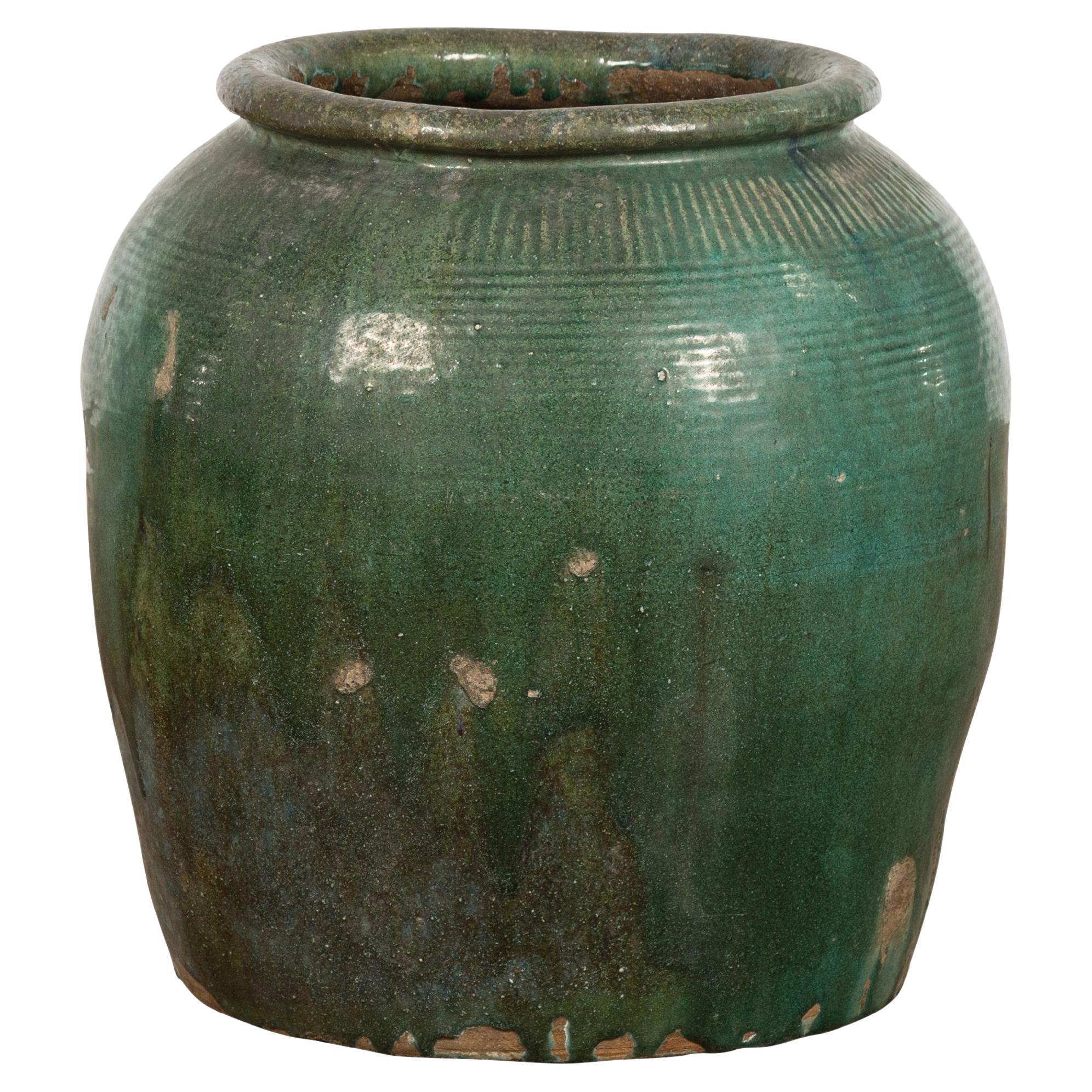 Large Chinese Vintage Green Glazed Ceramic Planter with Striated Décor For Sale