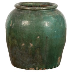 Large Chinese Retro Green Glazed Ceramic Planter with Striated Décor