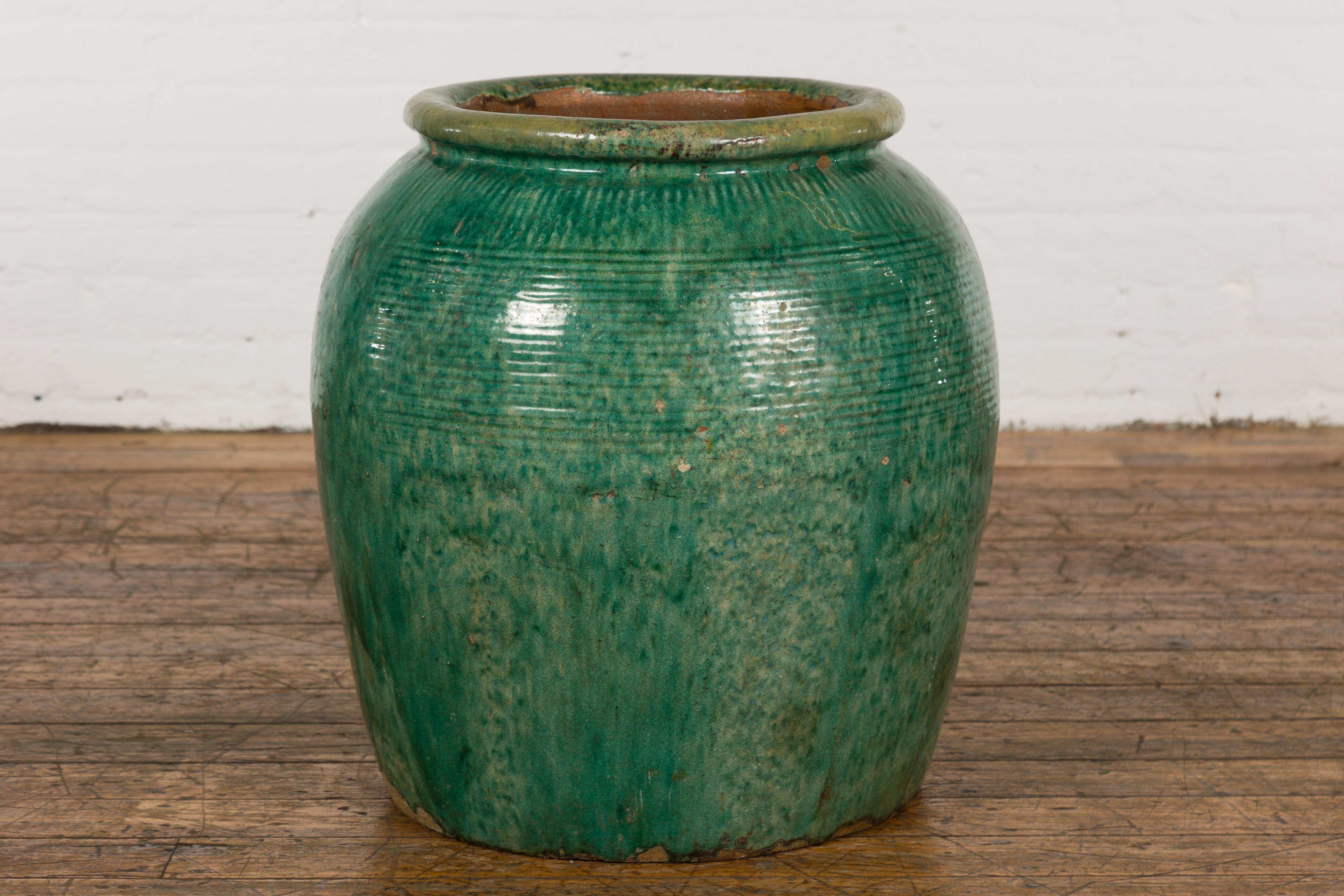 Chinese Large Round Deep Green Vintage Planter For Sale