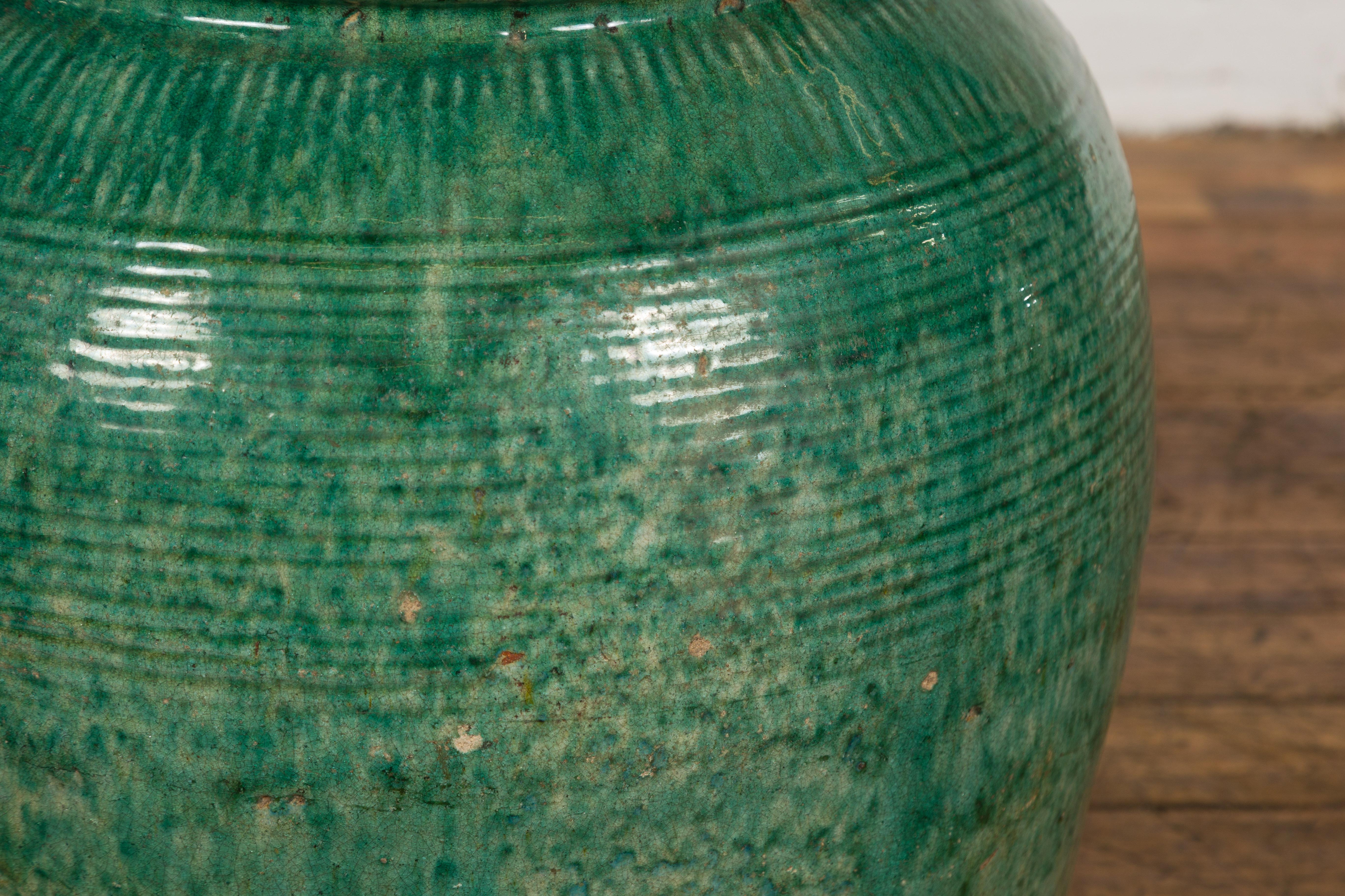20th Century Large Round Deep Green Vintage Planter For Sale
