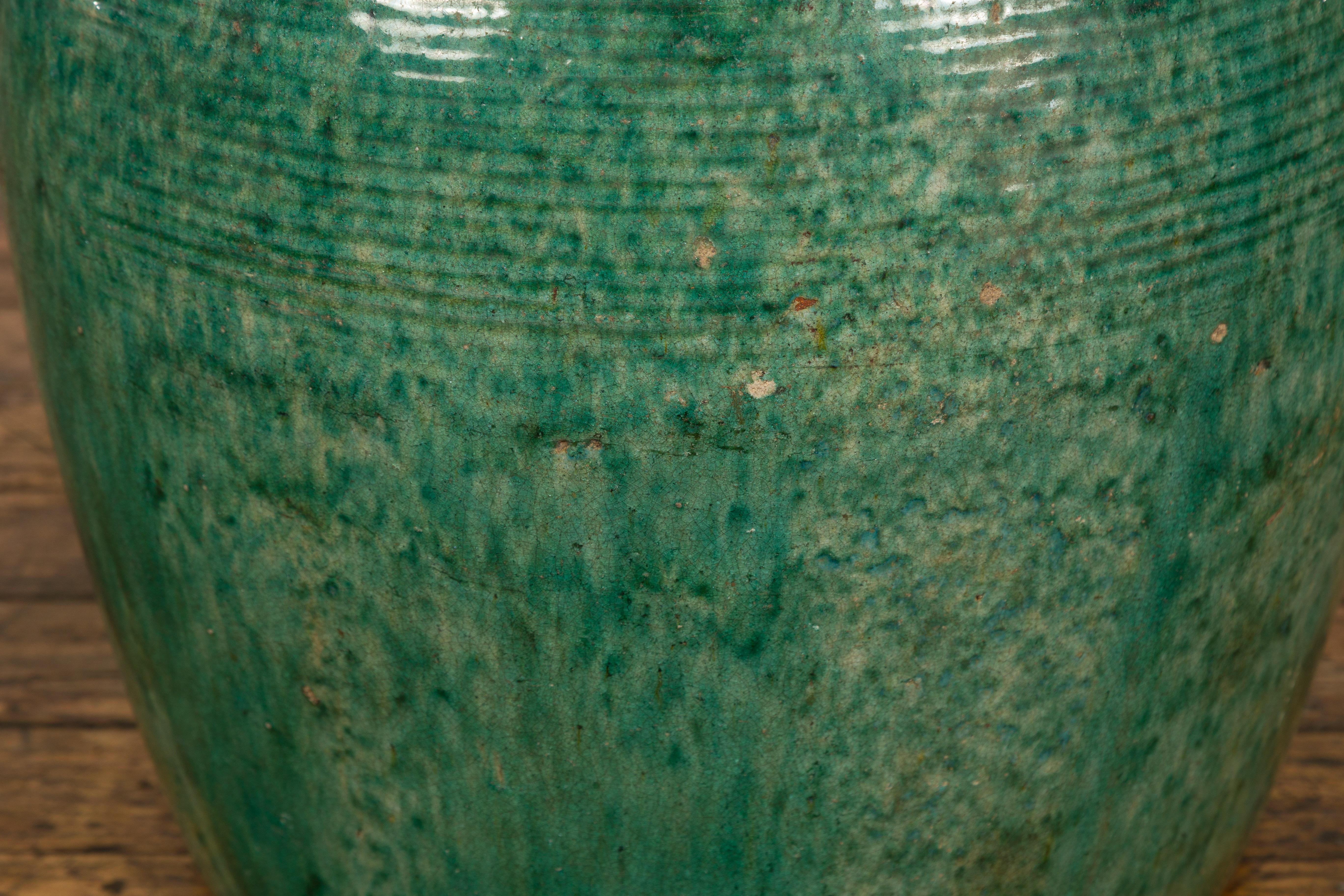 Ceramic Large Round Deep Green Vintage Planter For Sale