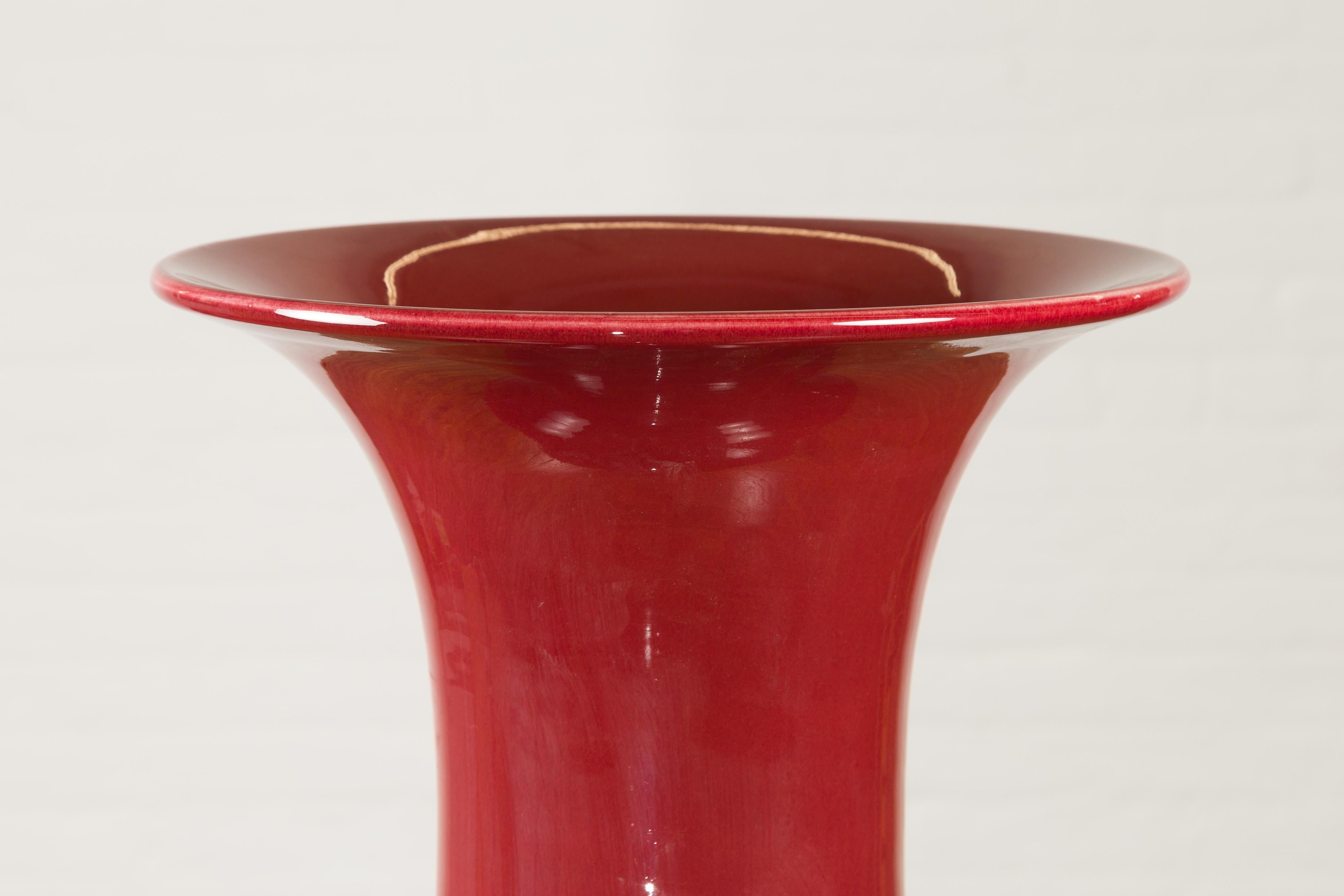 Chinese Large Oxblood Glazed Ceramic Altar Vase with Flaring Neck, Vintage For Sale