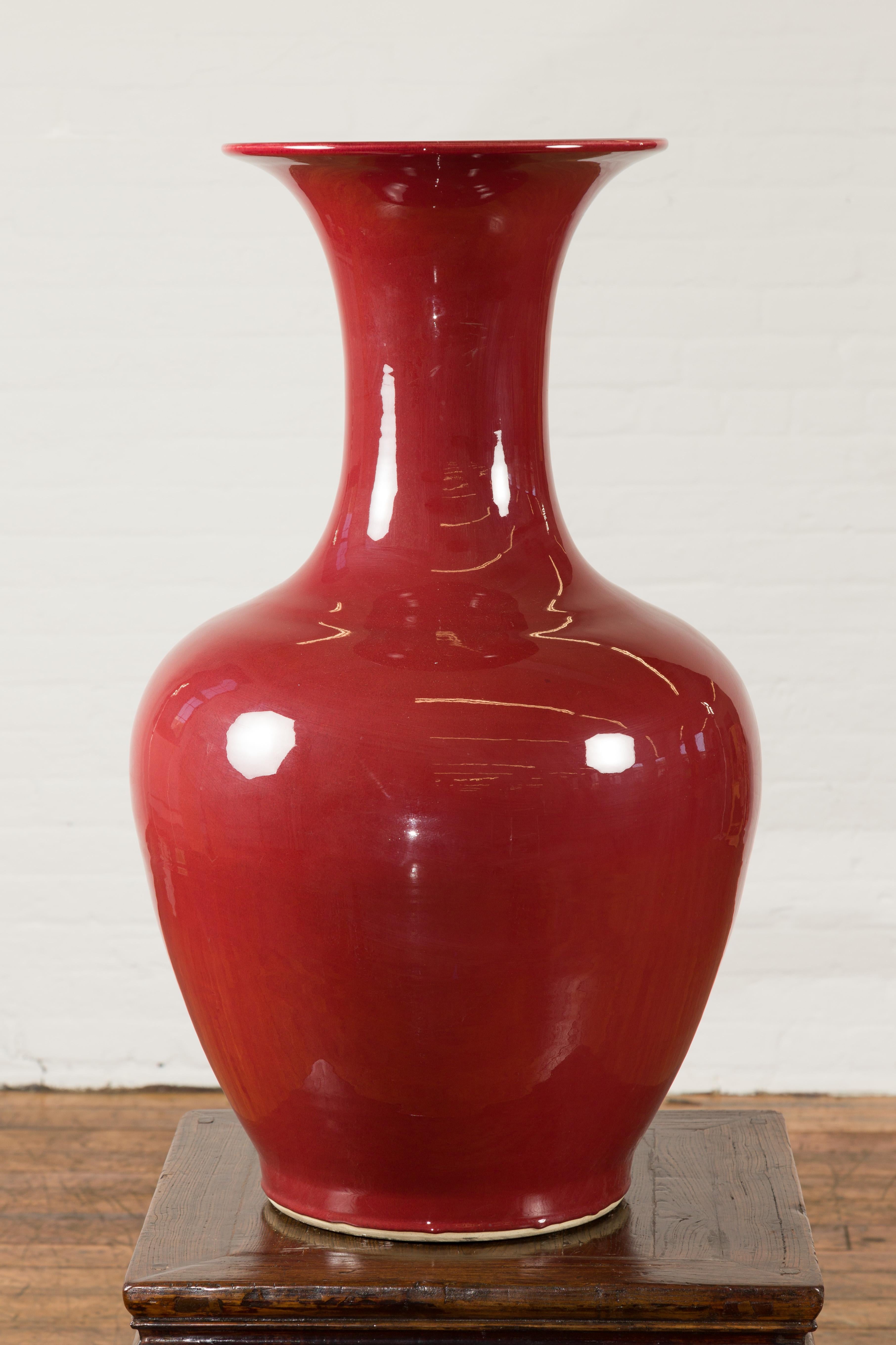 Large Oxblood Glazed Ceramic Altar Vase with Flaring Neck, Vintage In Good Condition For Sale In Yonkers, NY