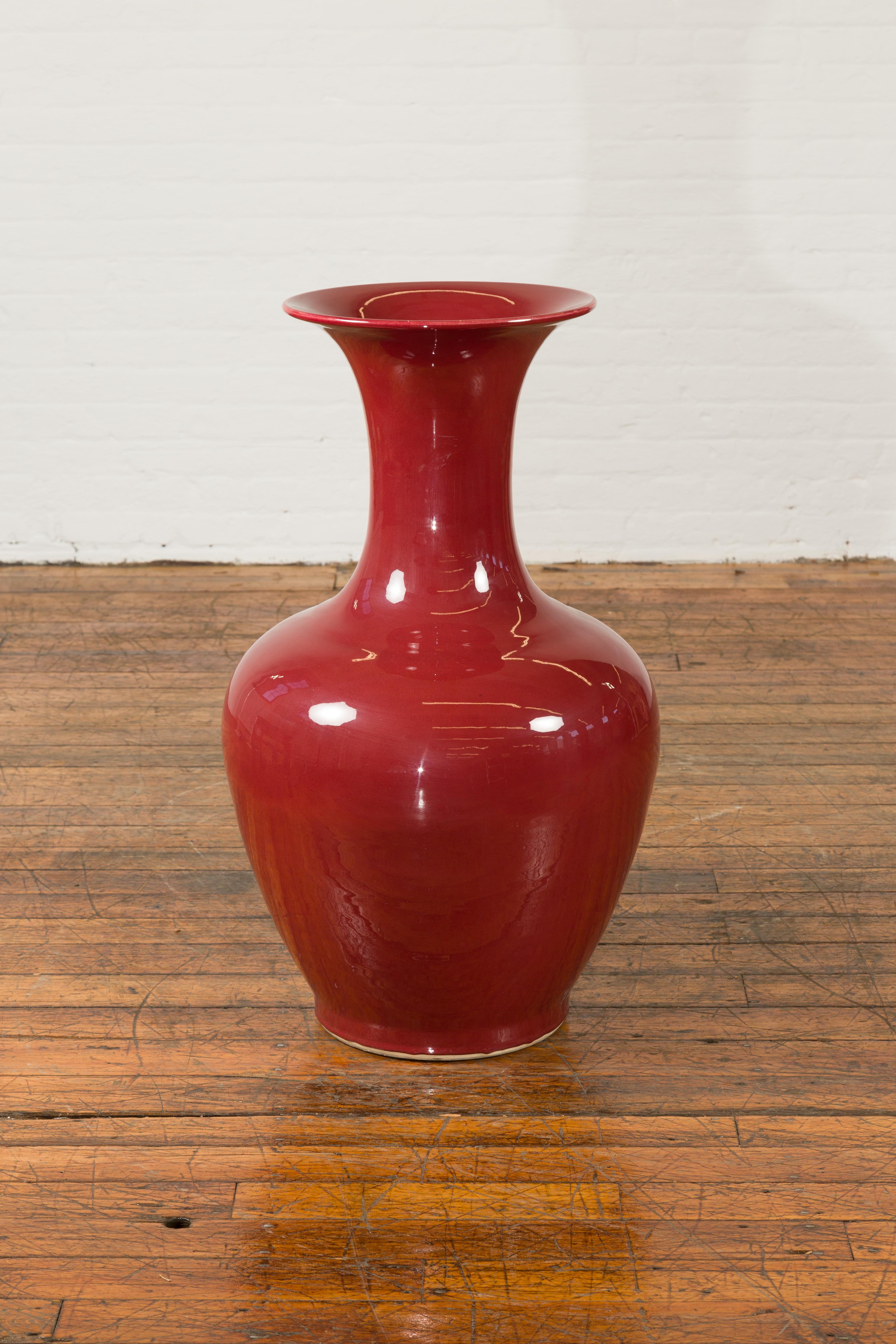 Ceramic Large Chinese Vintage Oxblood Altar Vase with Flaring Neck, Two Available For Sale